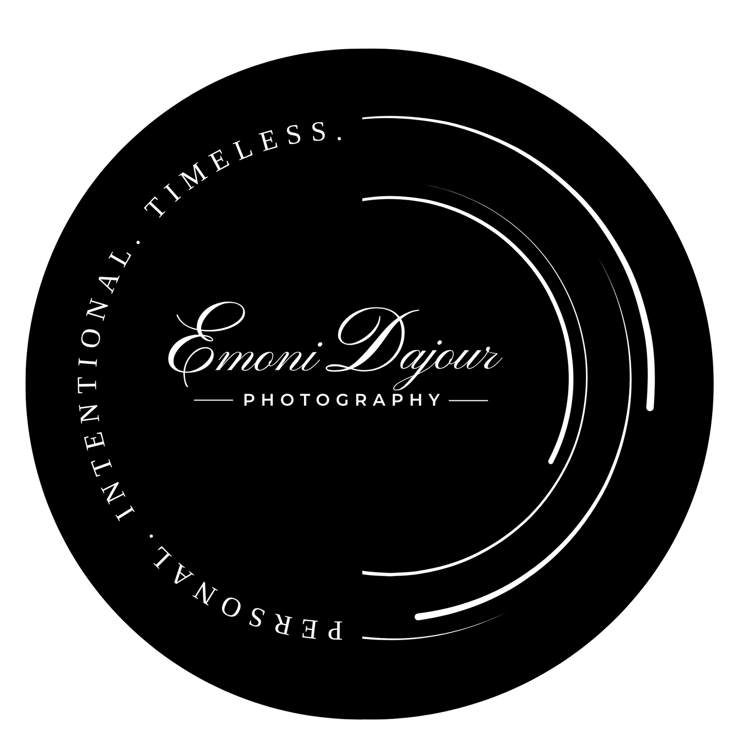 Black circular logo for Emoni Dajour Photography with elegant script text and the words Personal, Intentional, Timeless.