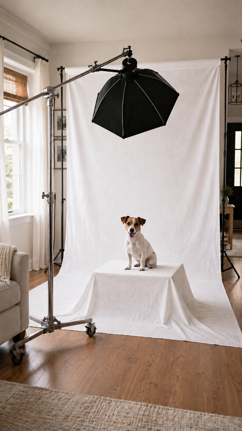 A Jack Russell Terrier sits on a draped table in a home photography studio with a white backdrop and octabox light.