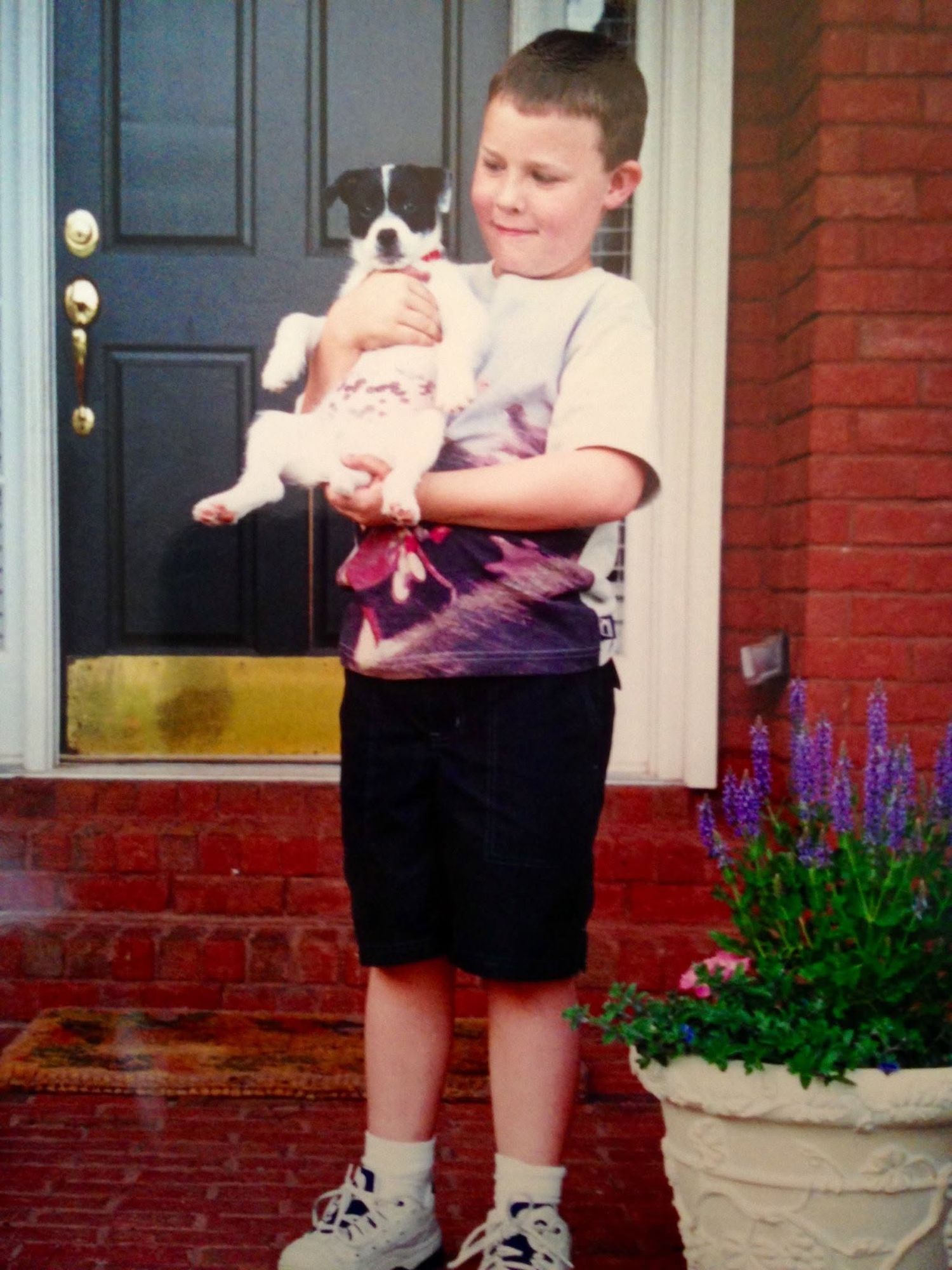 A young boy holds a small black and white puppy on brick steps near a front door with purple flowers.