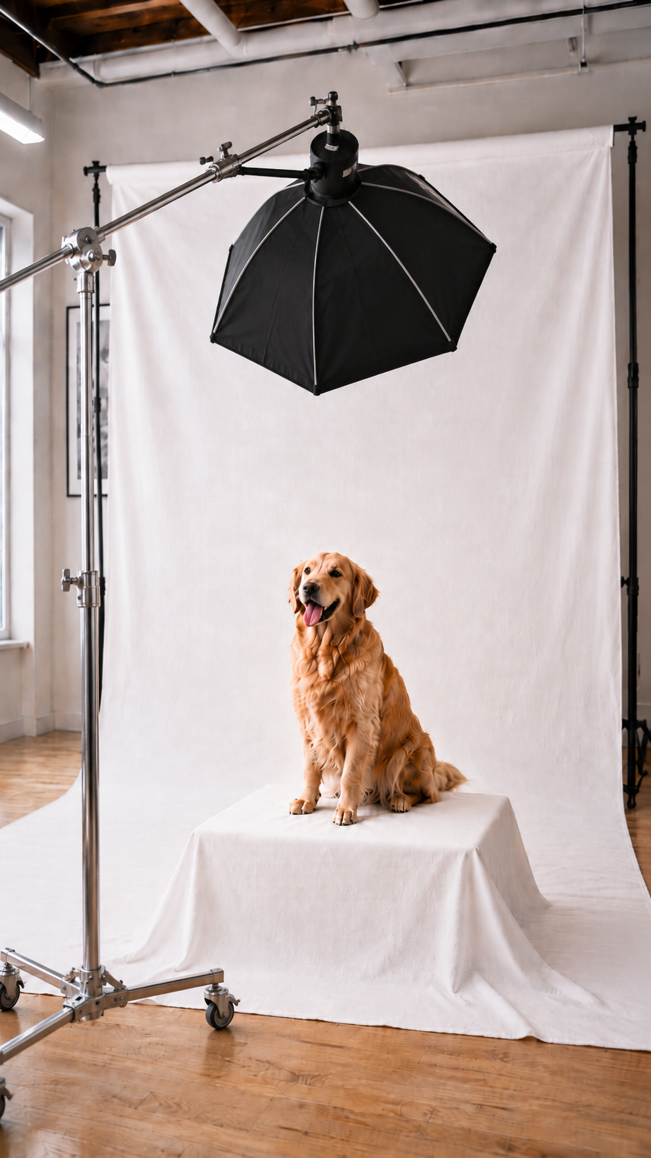 Golden Retriever dog sitting on white draped platform in professional photo studio with umbrella light.
