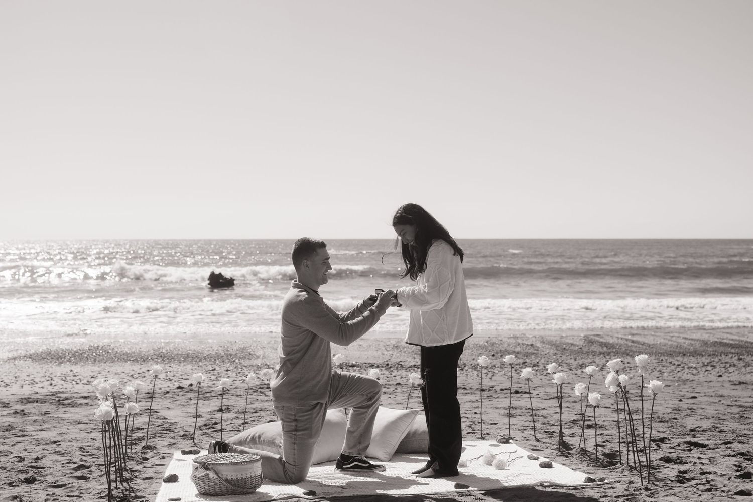Black and white photo of a beach proposal with white roses and a picnic blanket by the ocean.