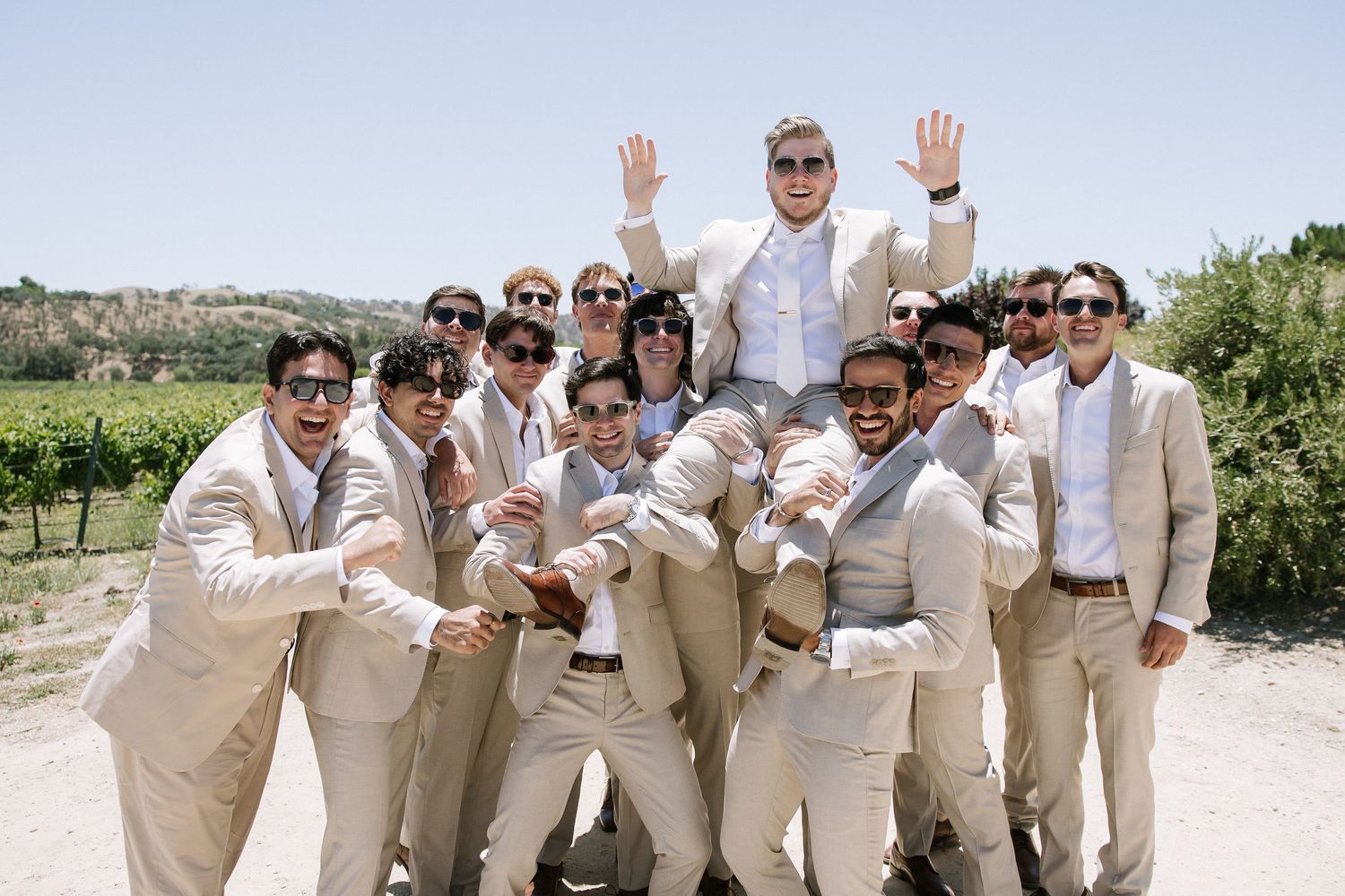 Groomsmen in tan suits lifting groom at sunny vineyard wedding photo.