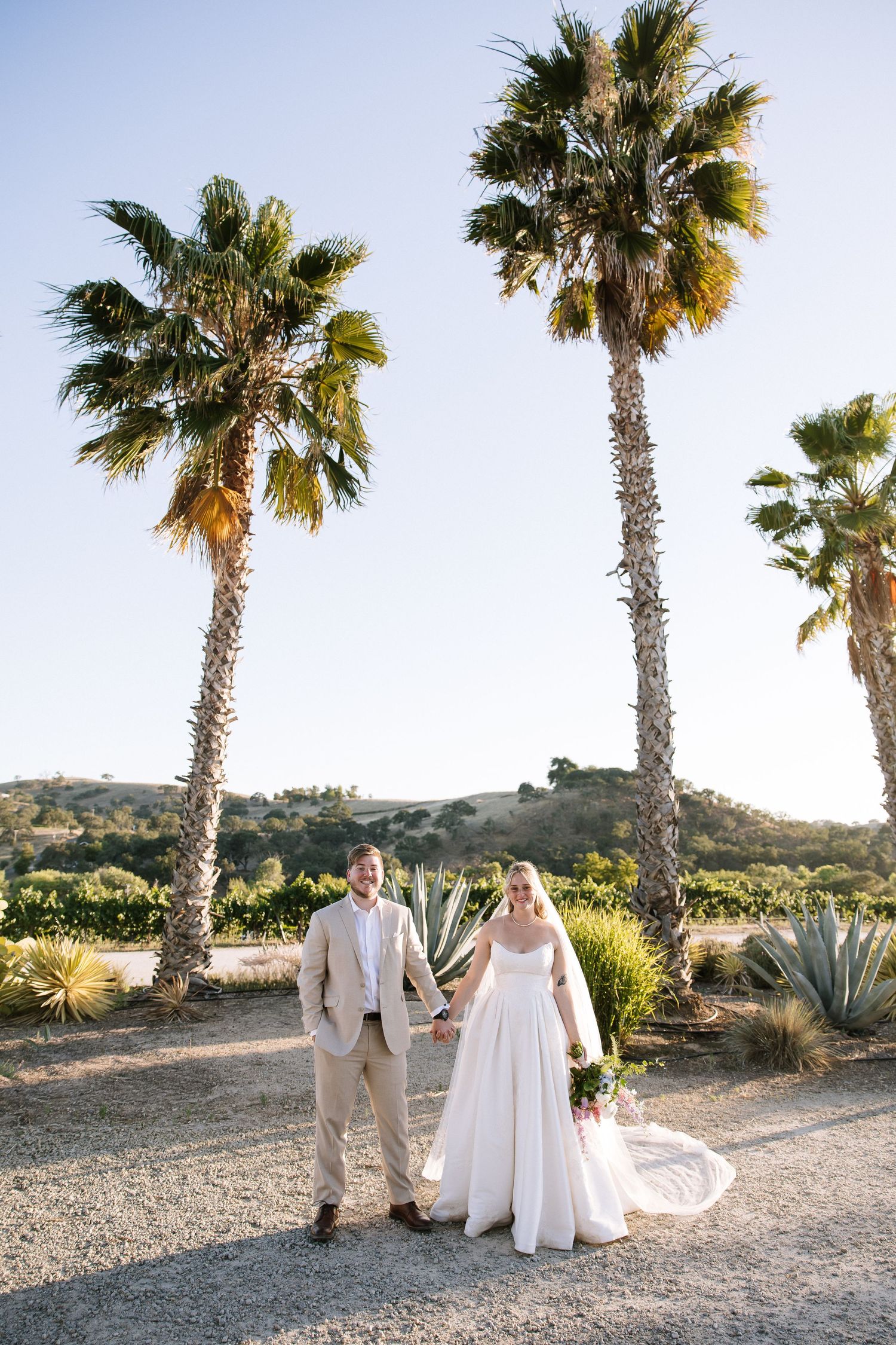 Bride and groom holding hands beneath tall palm trees at a sunny vineyard wedding venue.