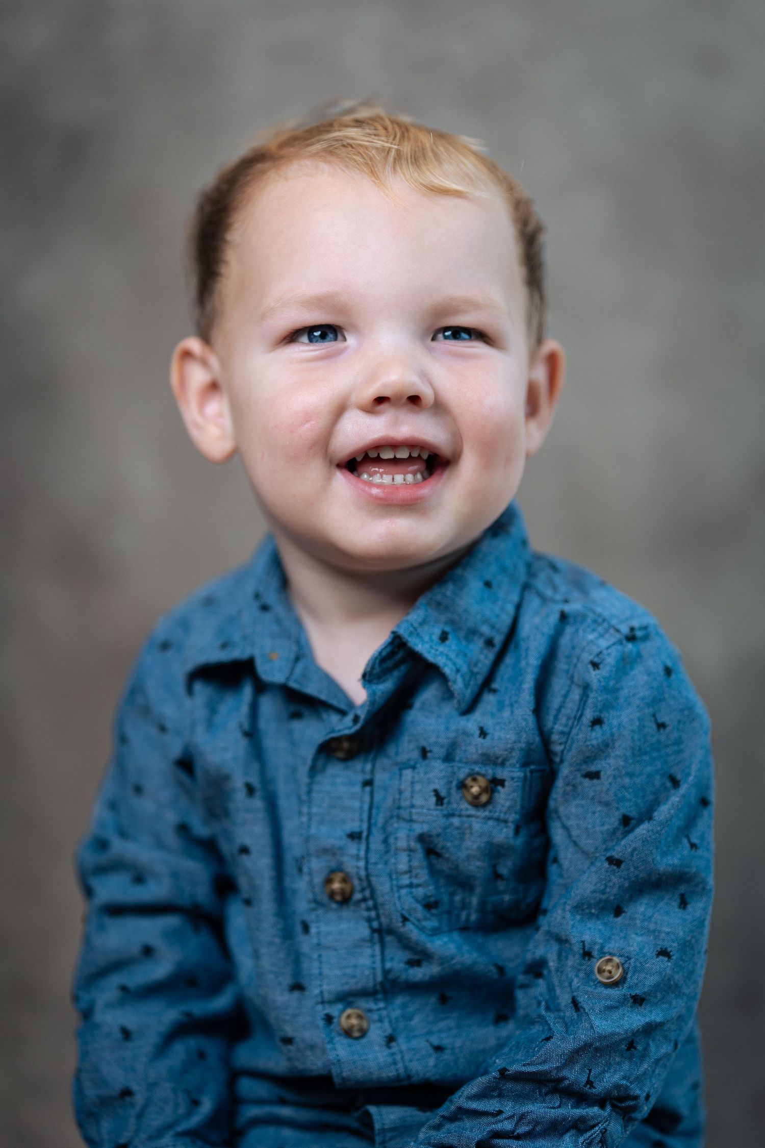 A child in a blue button-up shirt smiles brightly against a neutral background.