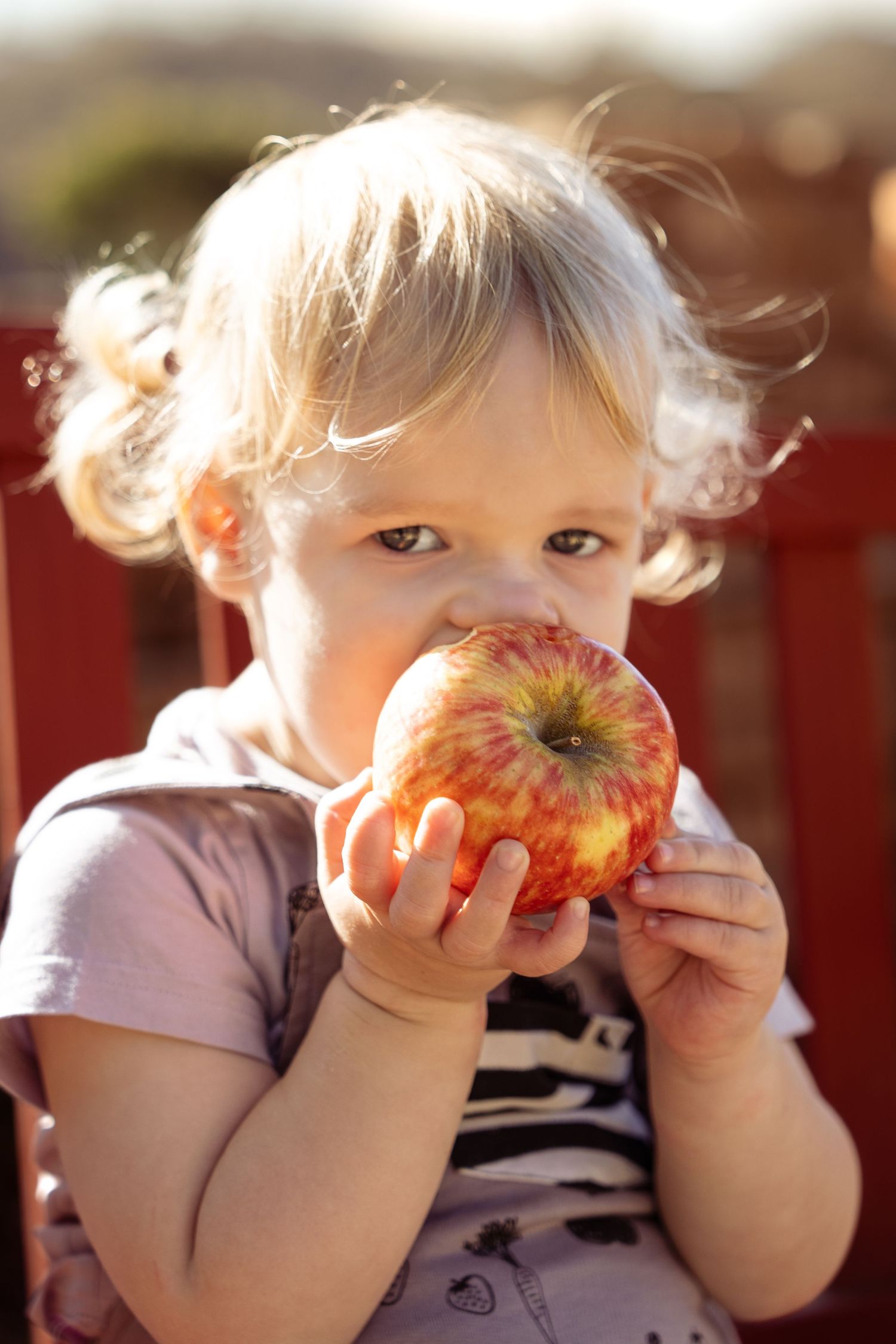 Young child with blonde curls taking big bite of red apple outdoors.