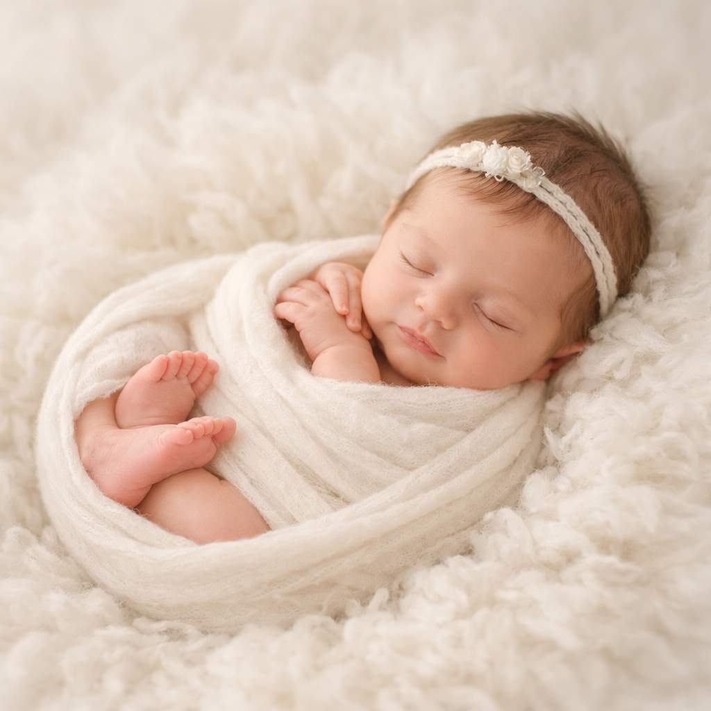 Newborn-kuvaus. Vastasyntynyt kapaloituna pehmeään kapaloon, klassinen newborn-asento, vaalea ja ajaton kuva nukkuvasta vastasyntyneestä.