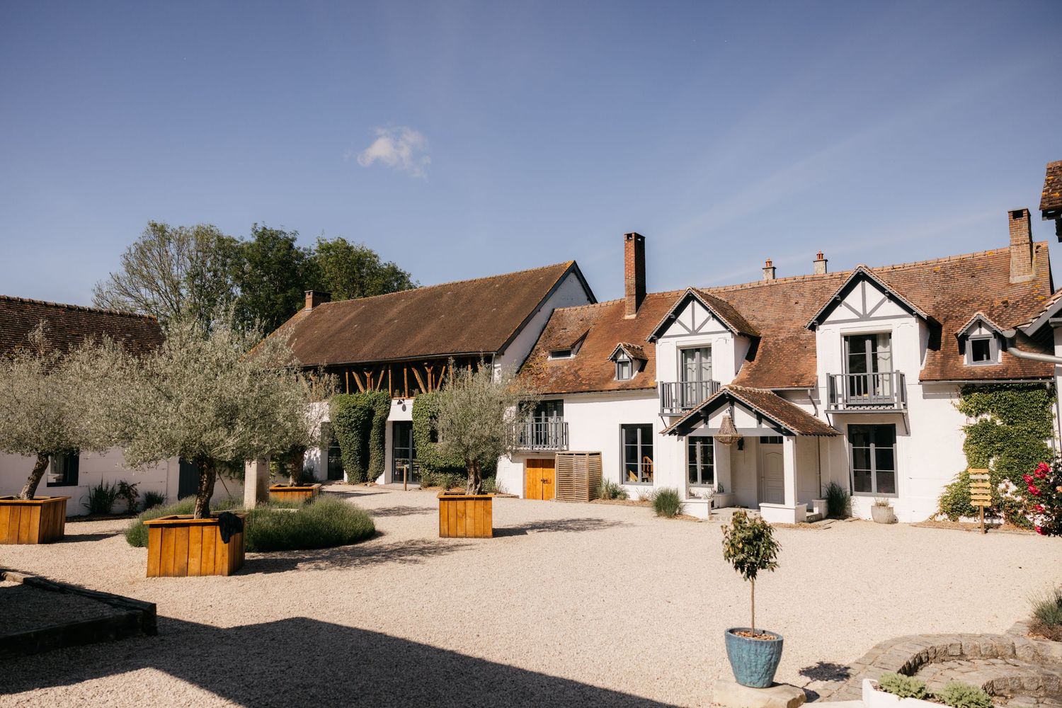 Charmant domaine de la campagne française aux bâtiments blancs, cour en gravier, oliviers et jardinières en bois sous un ciel bleu limpide.