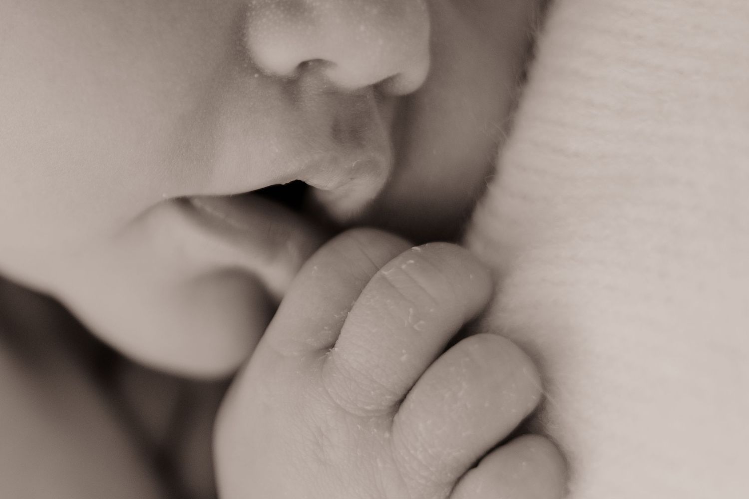 A close-up black and white photograph shows two hands tenderly clasped together in an intimate gesture.