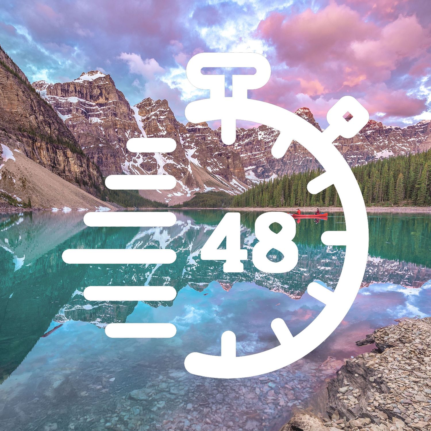 A 48 hour countdown timer icon overlay on a scenic mountain lake landscape with turquoise water and dramatic pink clouds.