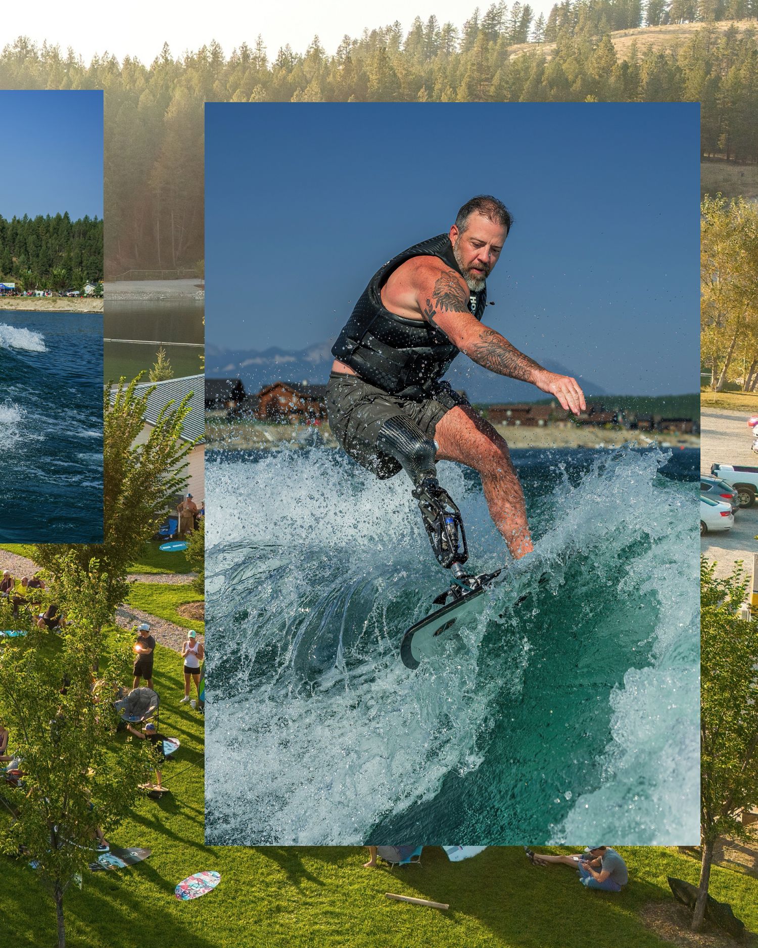 Dynamic wakesurfer catching air on a turquoise wake against a forest backdrop.