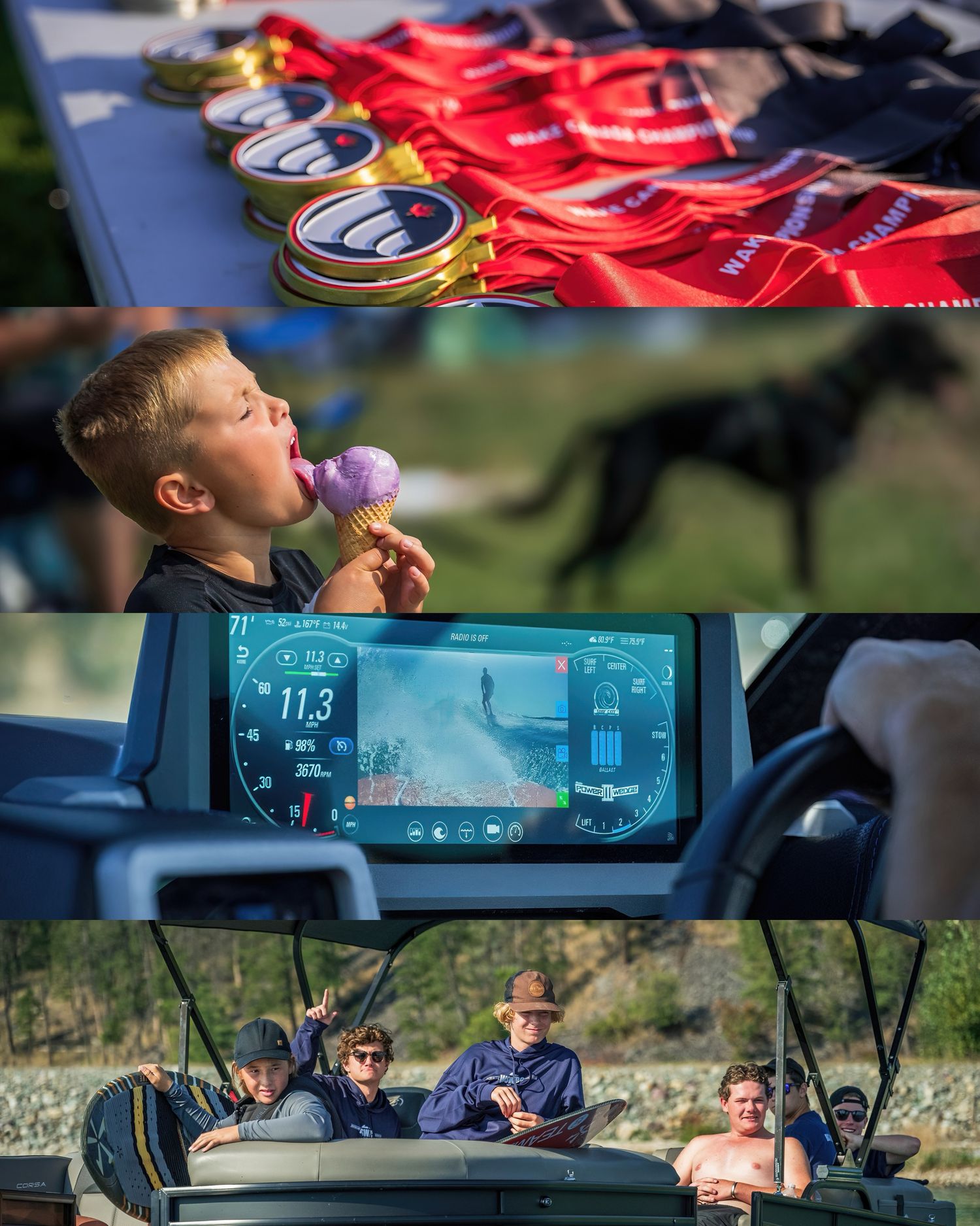 Collection of medals on red ribbons displayed alongside summer activities like ice cream and boating.