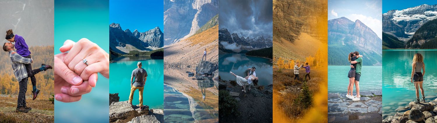 Seven scenic travel photos showing a diverse mix of landscapes from mountain lakes to vibrant beaches with solo figures.