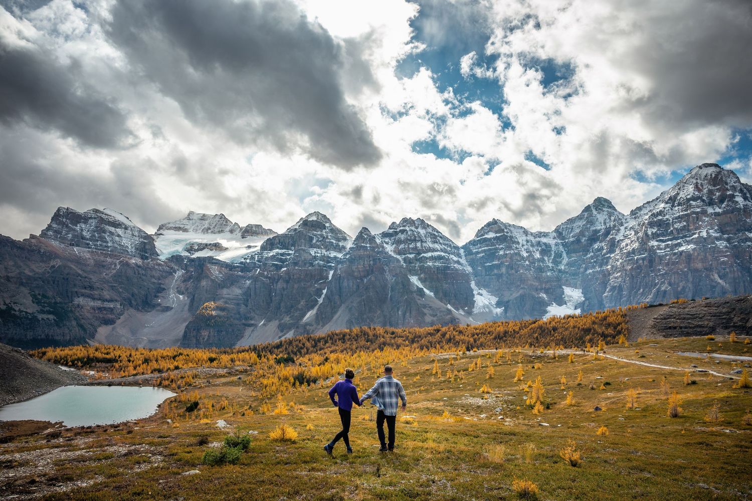 Two hikers elope at Moraine Lake in Larch Valley, Banff National Park, in the fall, surrounded by golden larch trees.