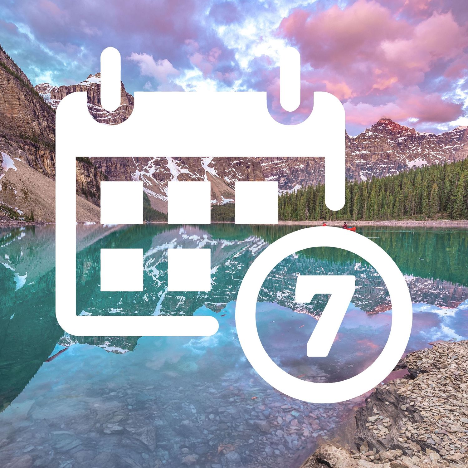 Calendar icon overlaid on scenic mountain lake landscape with turquoise water and dramatic pink clouds at sunset.