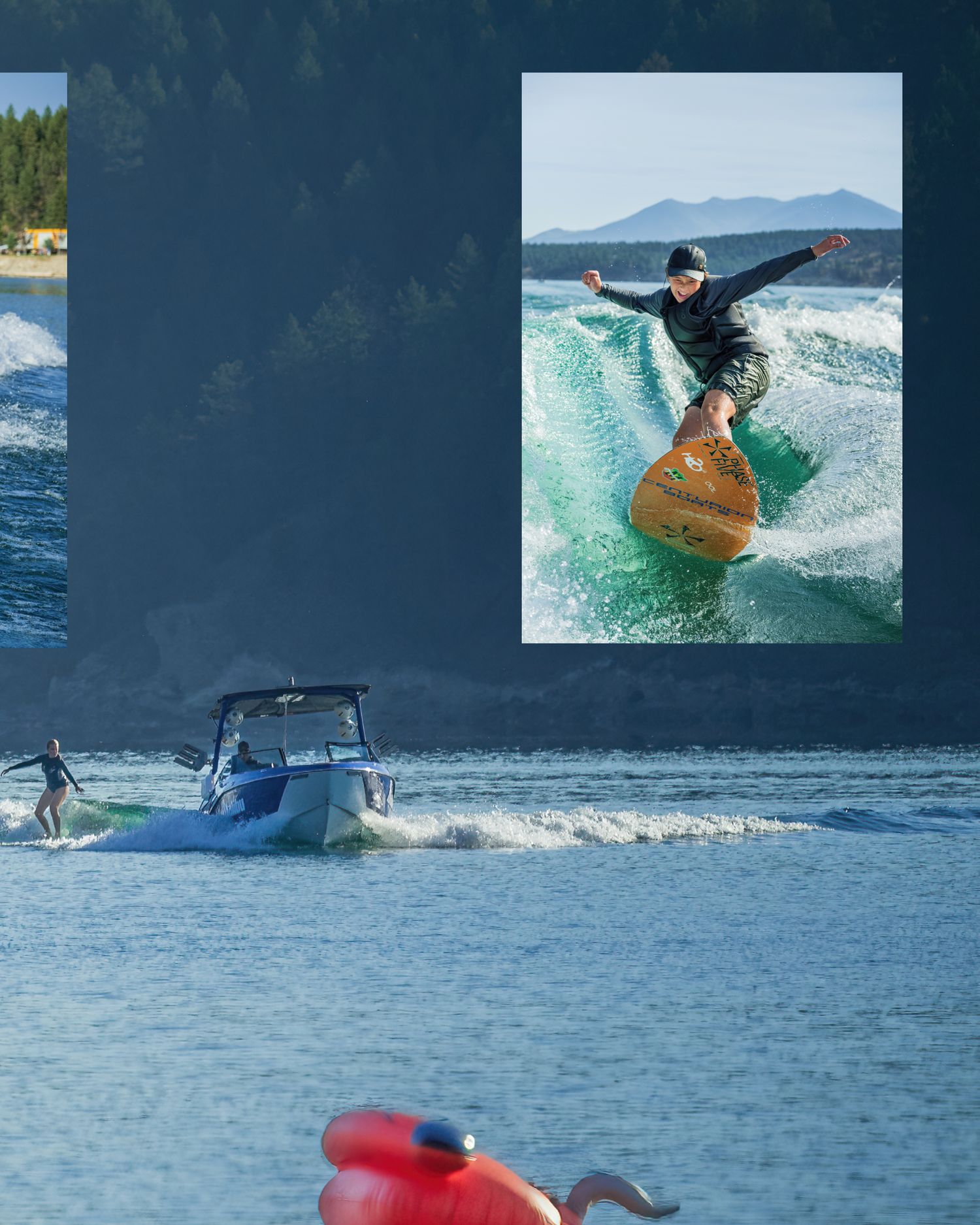 Wakesurfer performing tricks behind a boat on a mountain lake with evergreen forest backdrop.