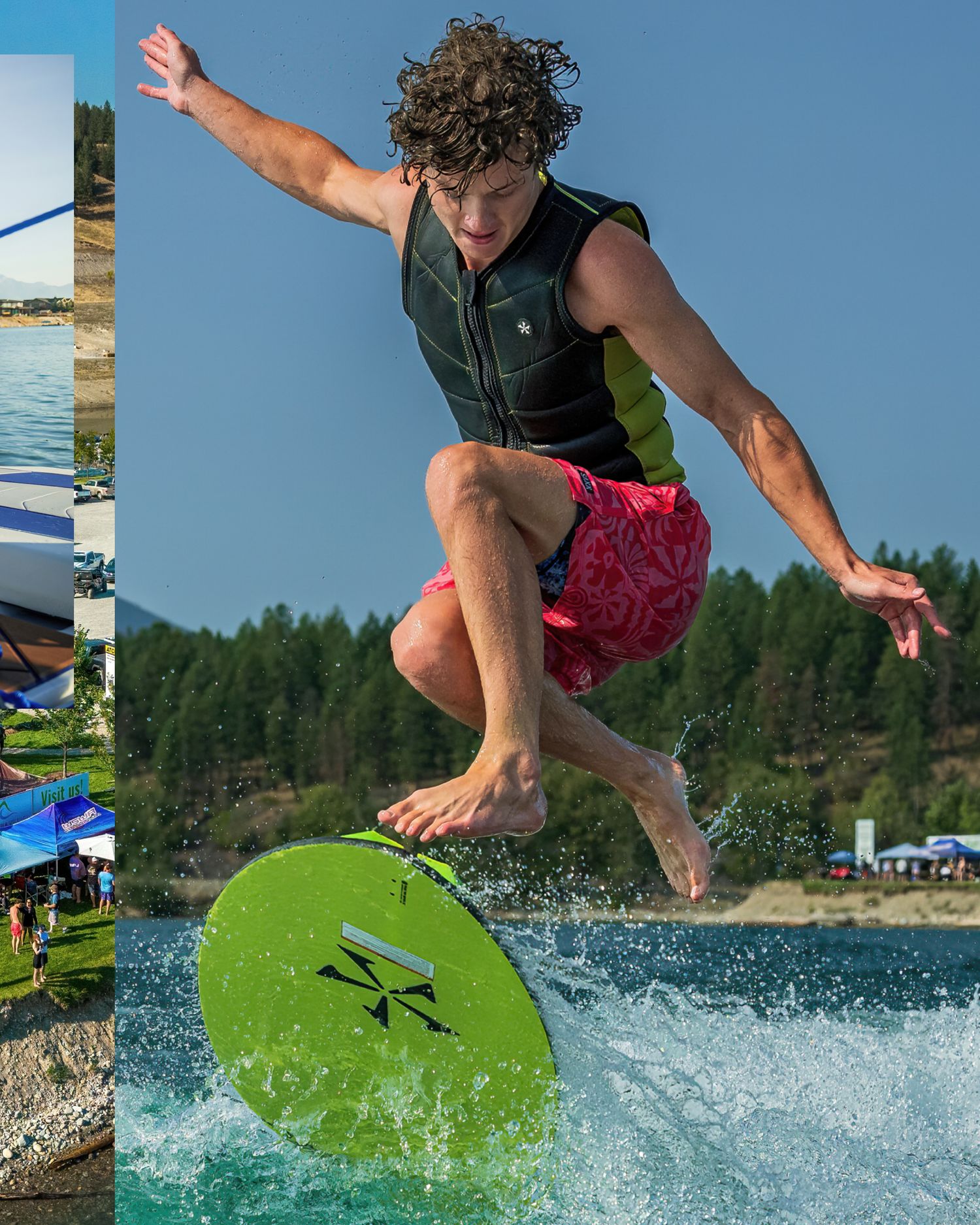 Wakesurfer performing barefoot trick on a green board with blue sky background.