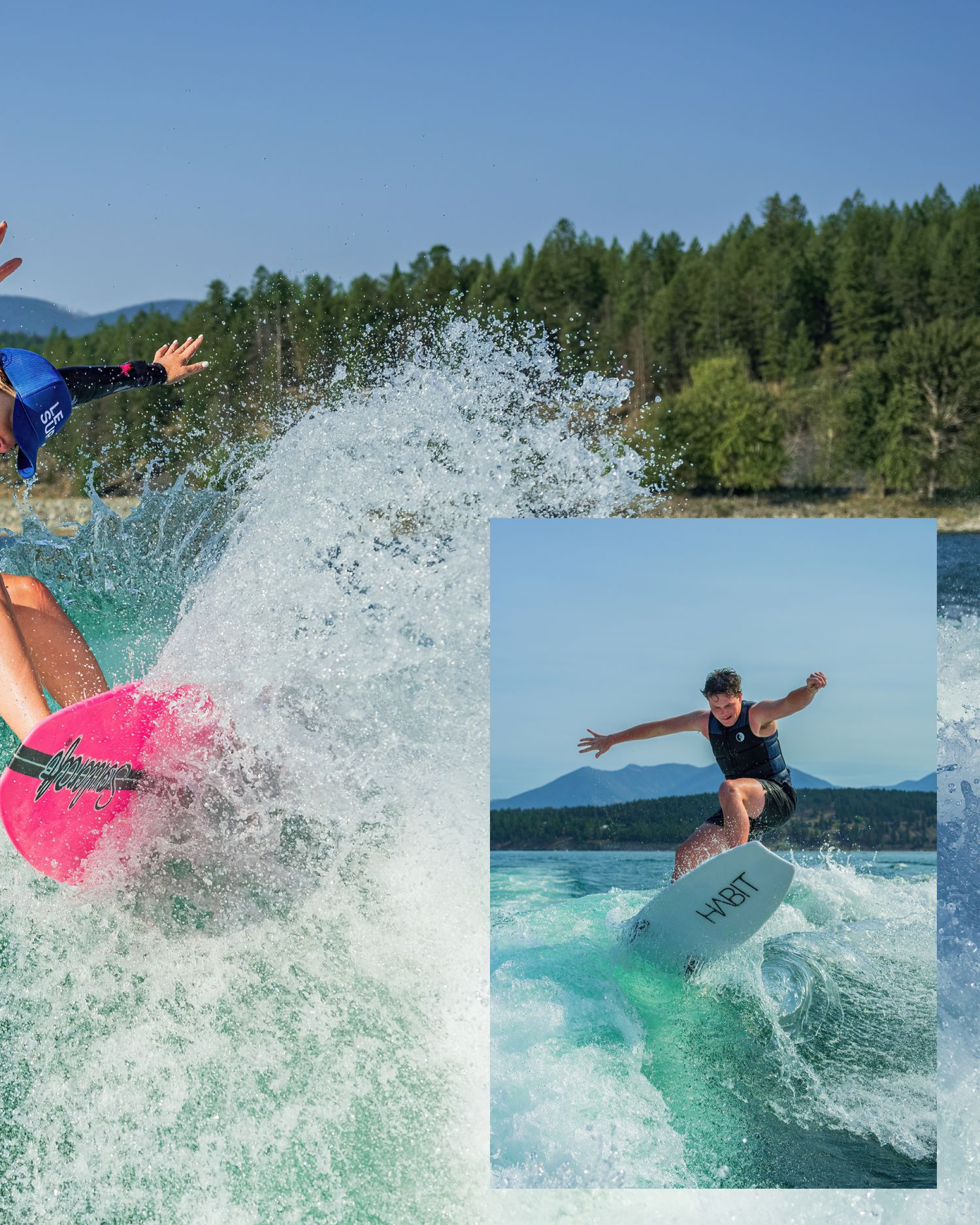 Wakesurfers performing aerial tricks on bright turquoise water during a summer day.