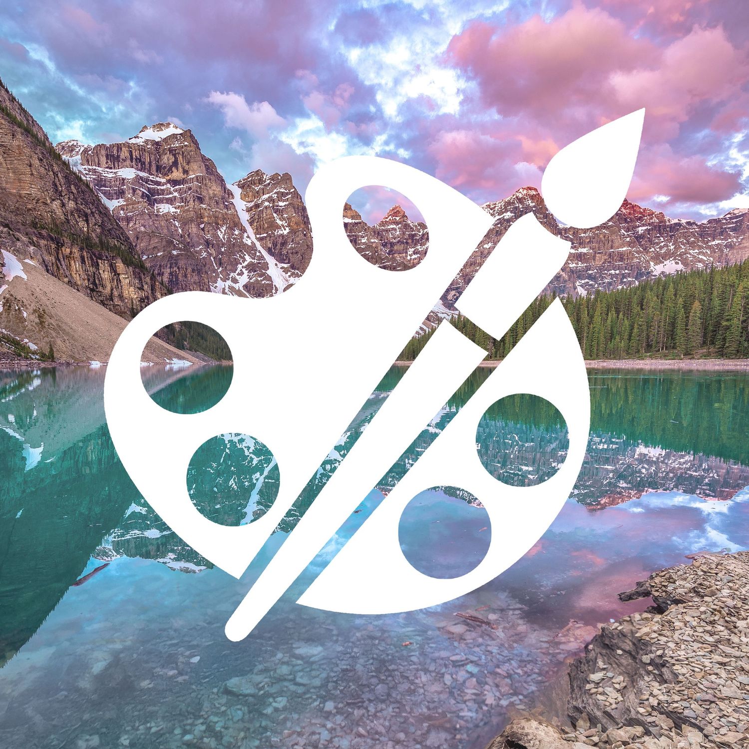 Artist palette icon overlaid on scenic mountain lake landscape with turquoise water and pink sunset clouds.