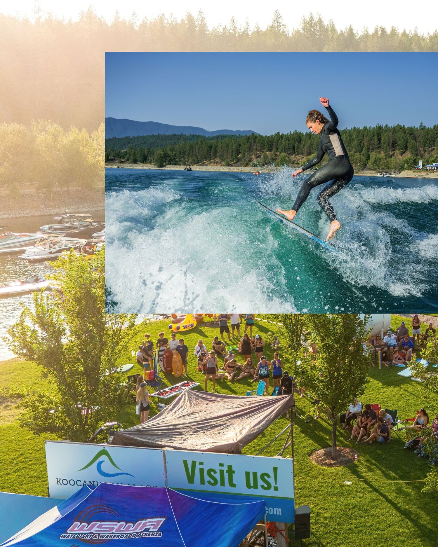 Action shot of wakeboarding trick against scenic lake and mountain backdrop.