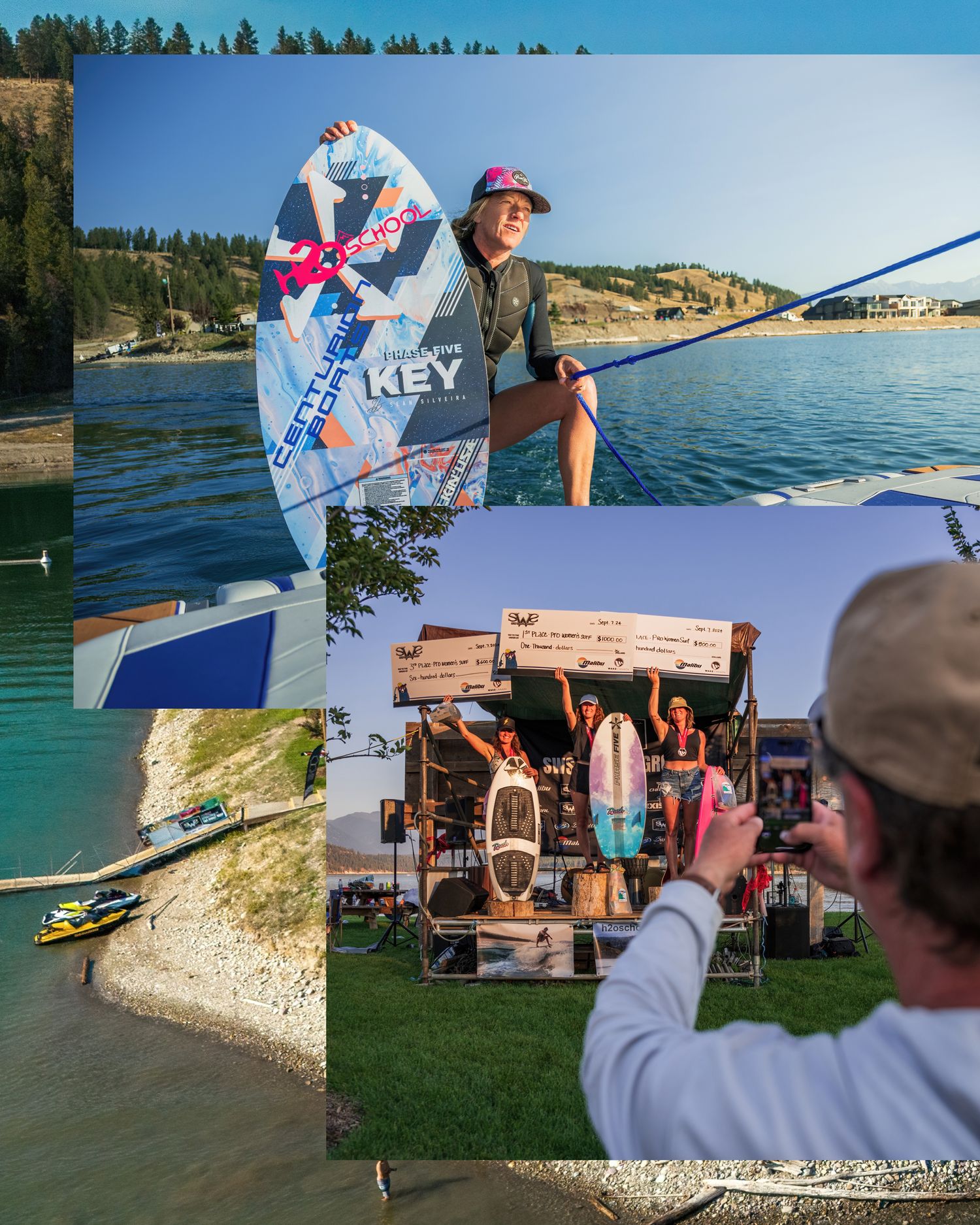 Water sports equipment and action shots at a lakeside event with mountain scenery.