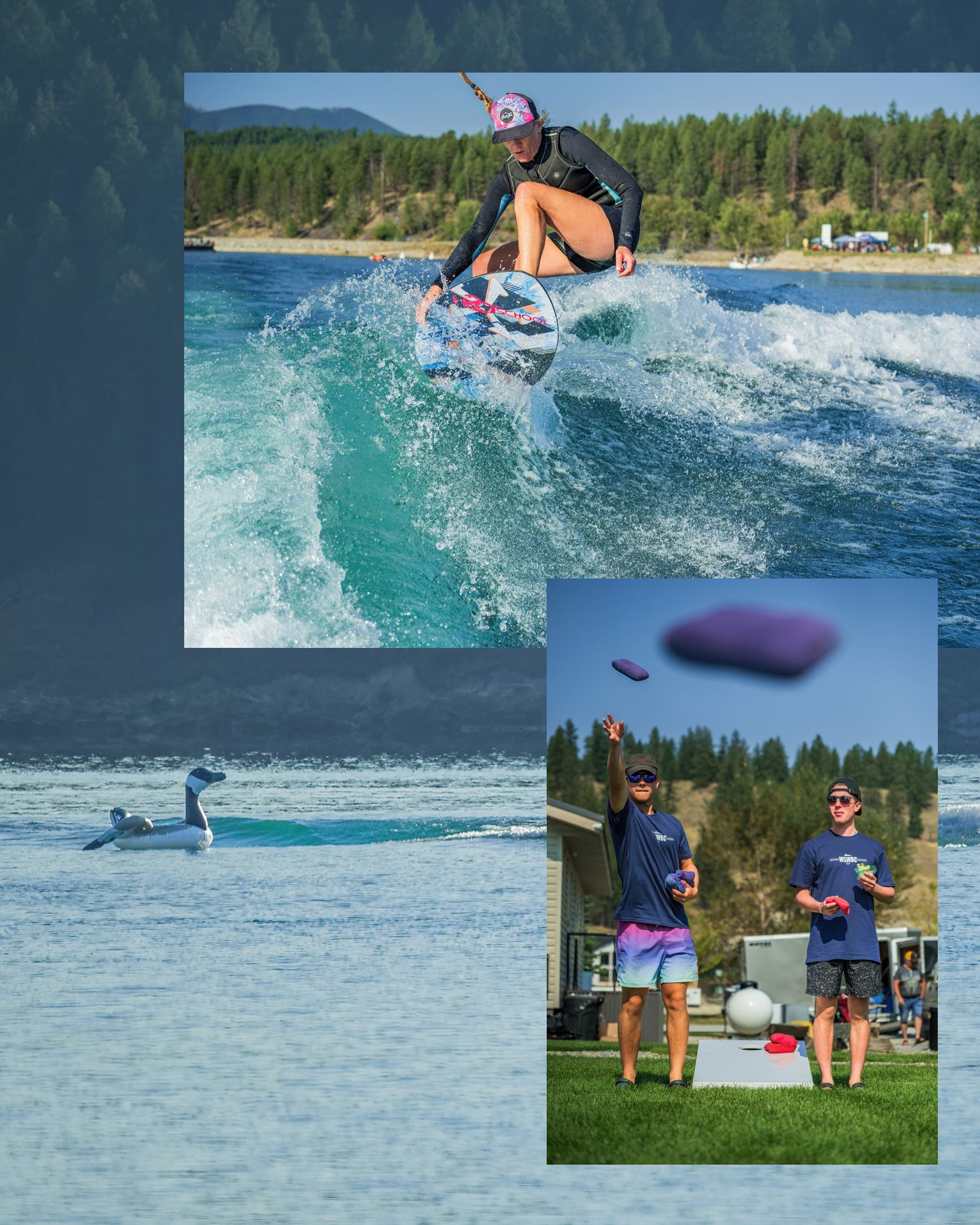 Collage of wakesurfing action shots and spectators at a lakeside competition.