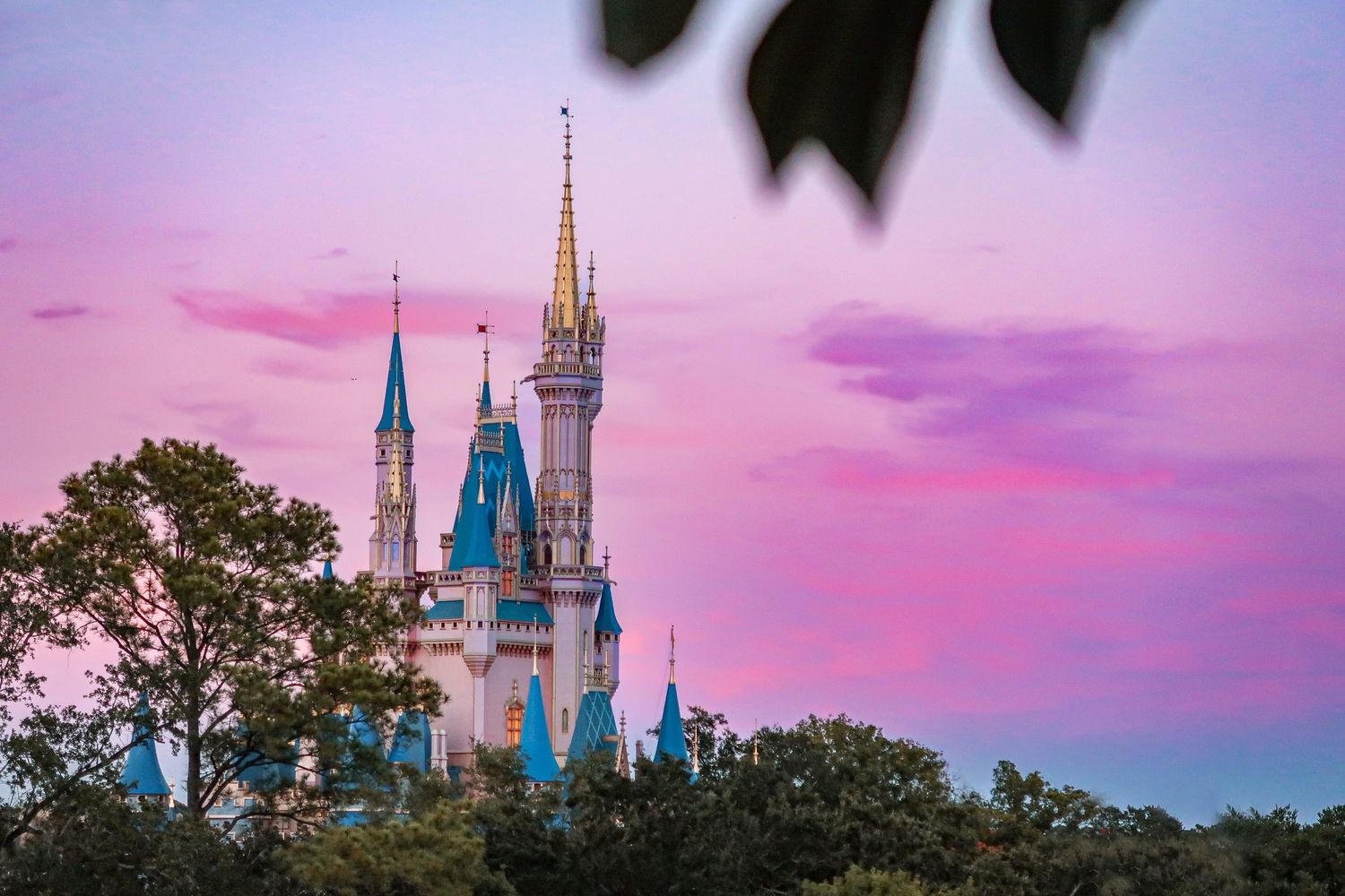 Cinderella Castle at Walt Disney World glowing against a stunning pink and purple sunset sky.