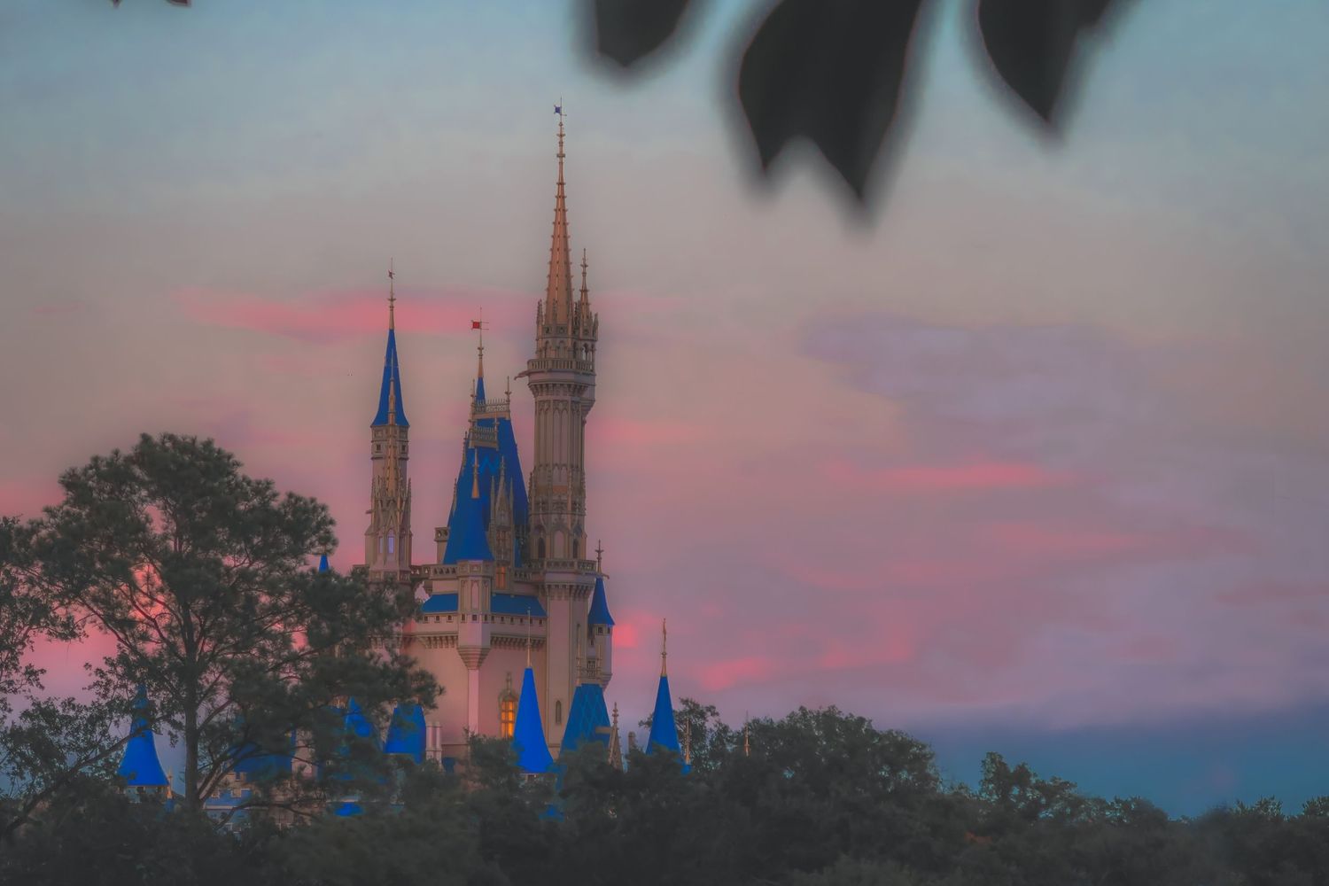 Cinderella Castle at Disney World rises above trees under a pink and purple sunset sky.
