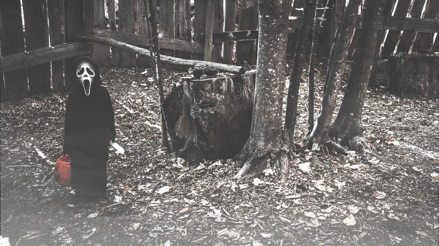 Ghostface costume and spooky scarecrow decoration in a haunted Halloween yard display among bare trees.