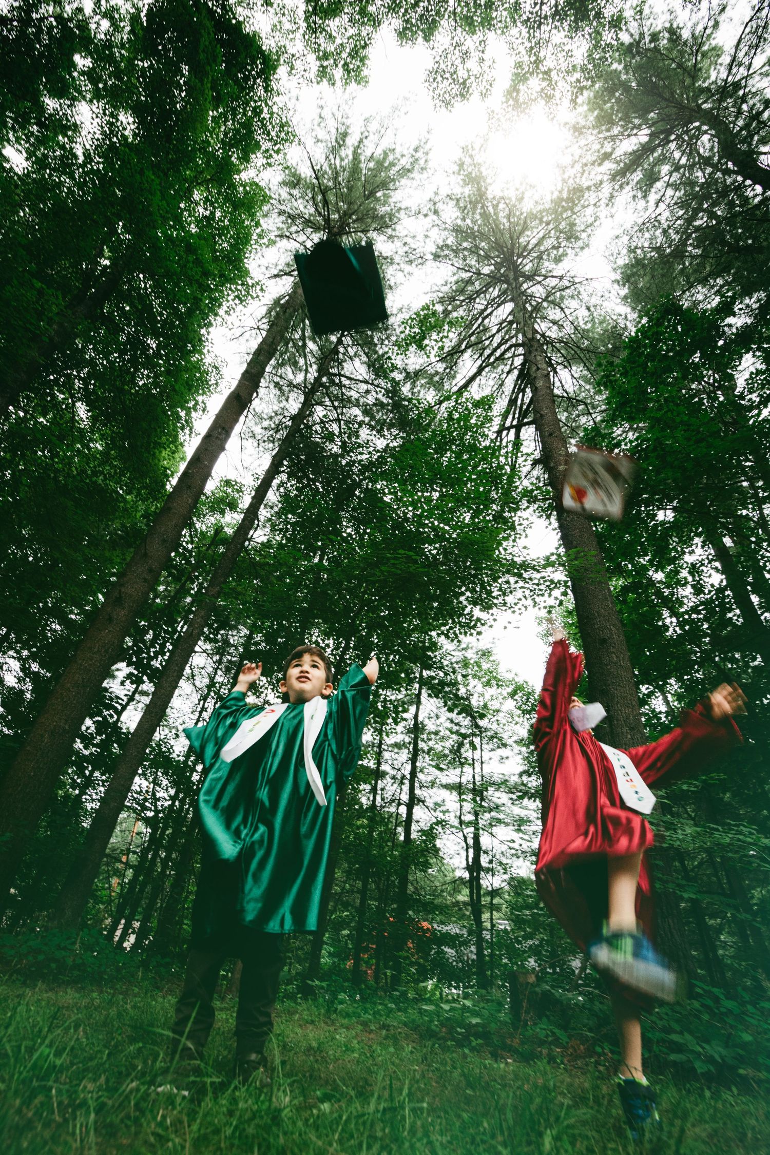 Two children in graduation gowns toss caps into the air among tall trees in sunlight.