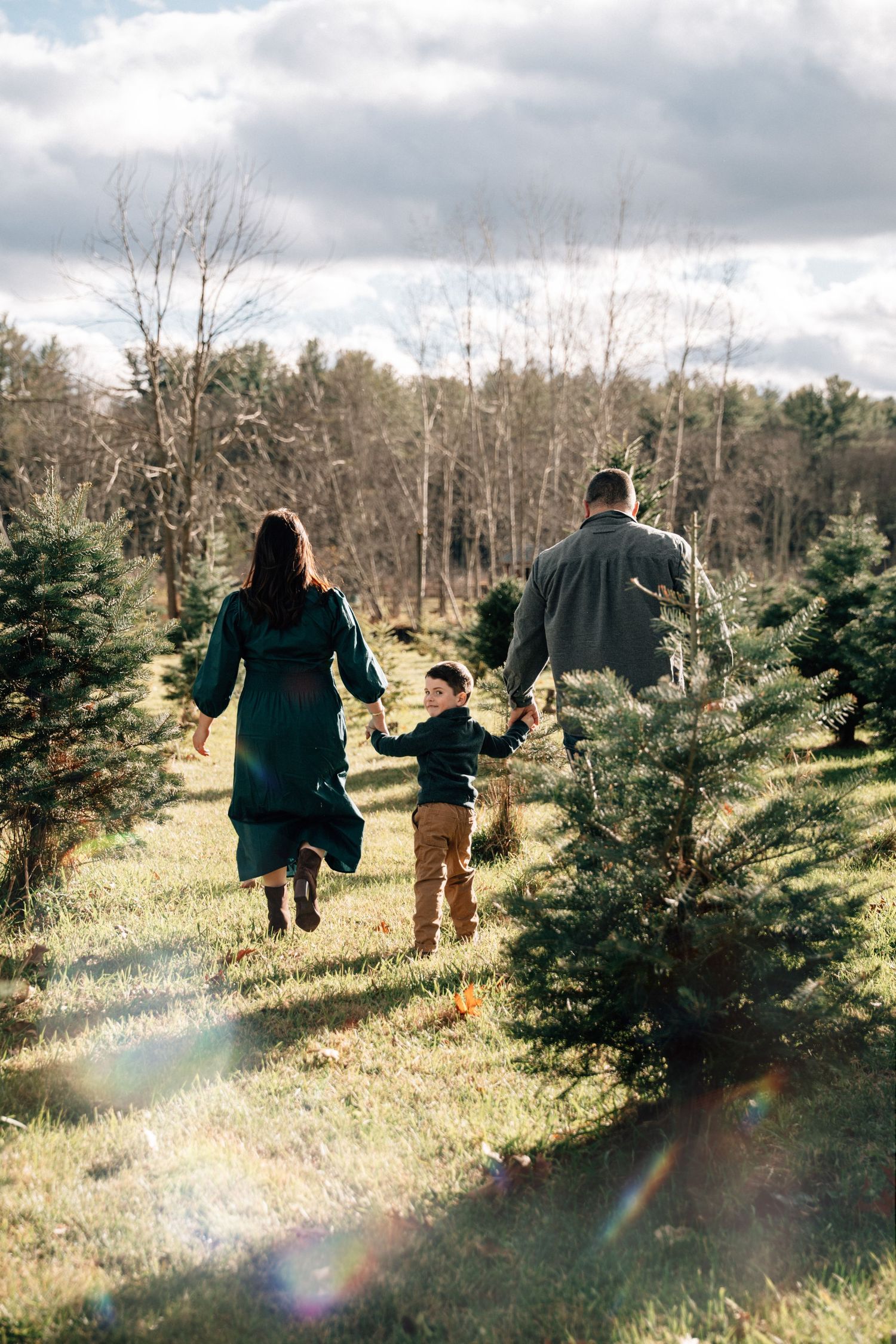 A family of three holds hands while walking through rows of Christmas trees on a sunny farm.