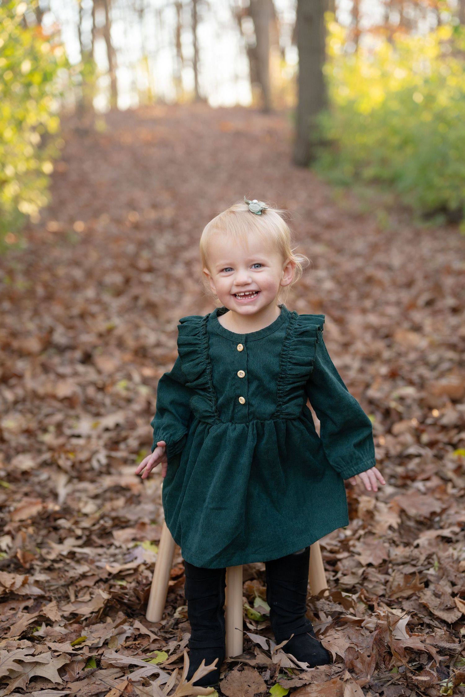 Child in emerald green dress smiling while standing on wooden stool in autumn forest.