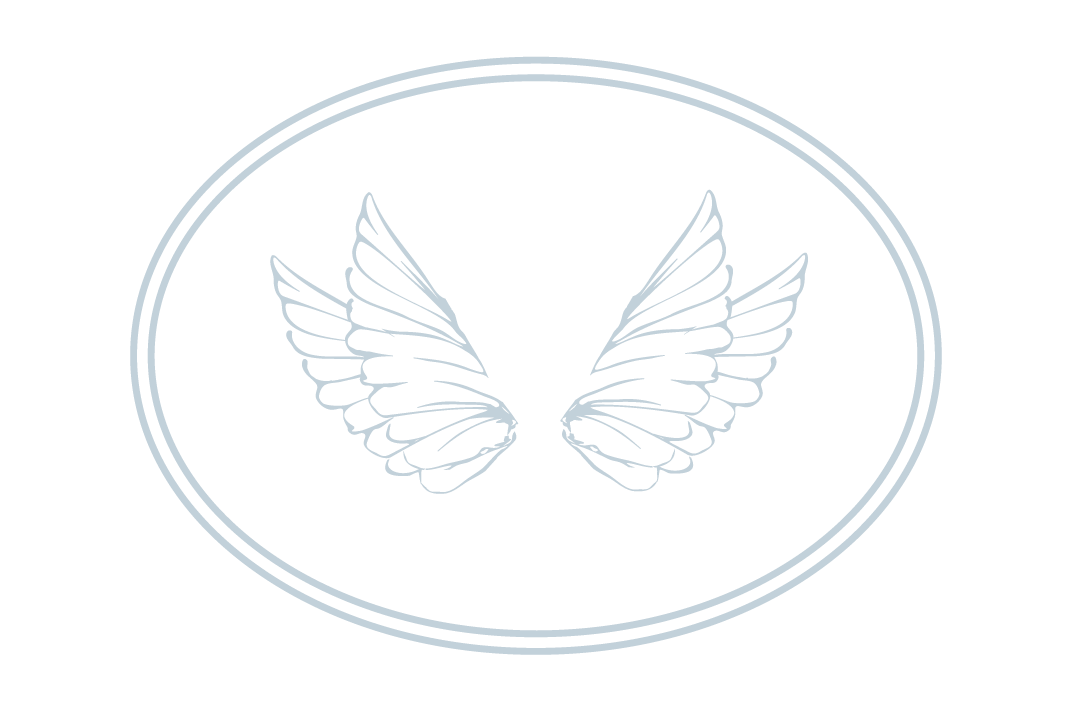 Simple line drawings of angel wings in circular frames create a repeating decorative pattern.