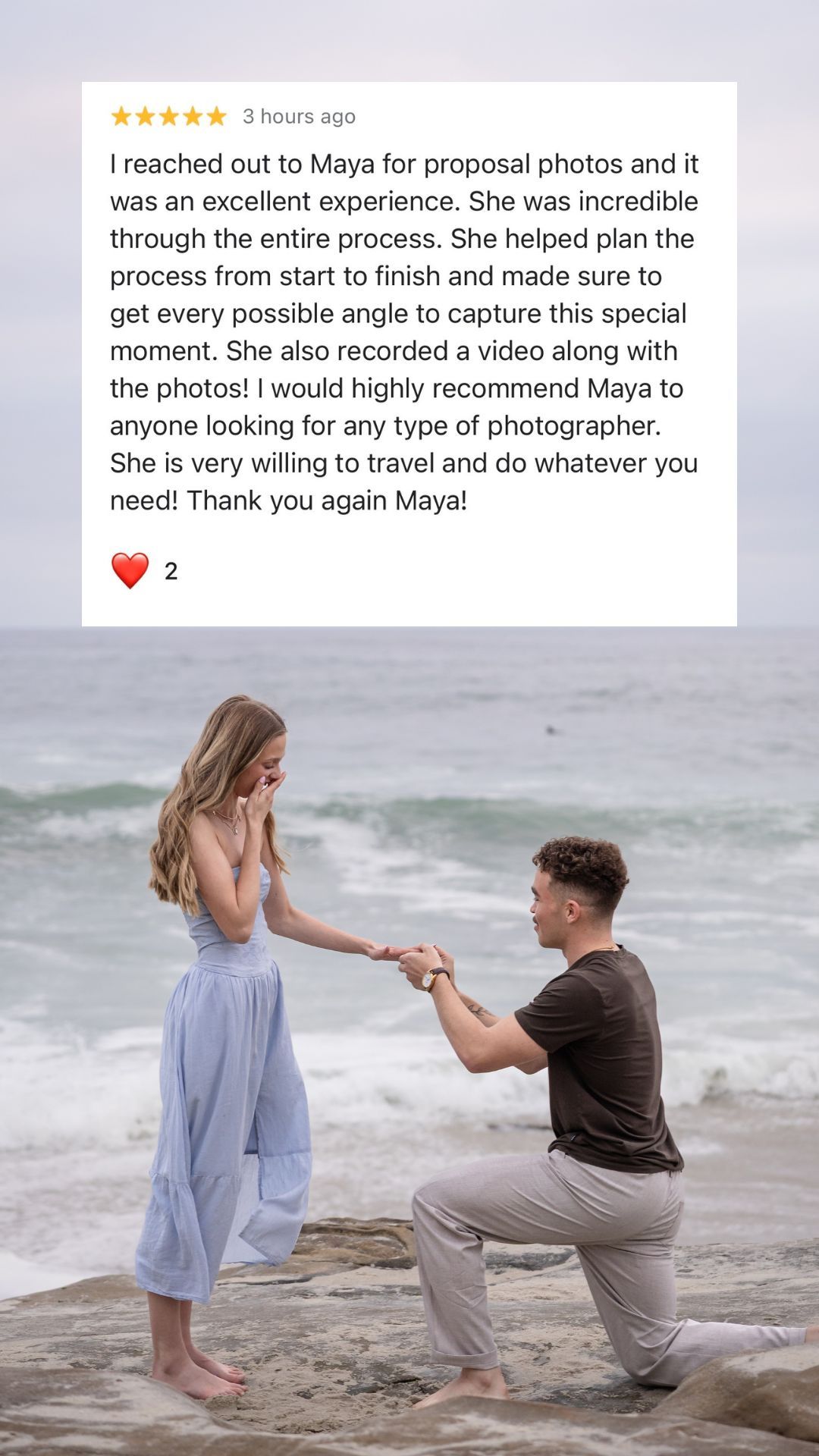Man proposing to woman on rocky beach, with a 5-star review praising photographer Maya for capturing the special moment.