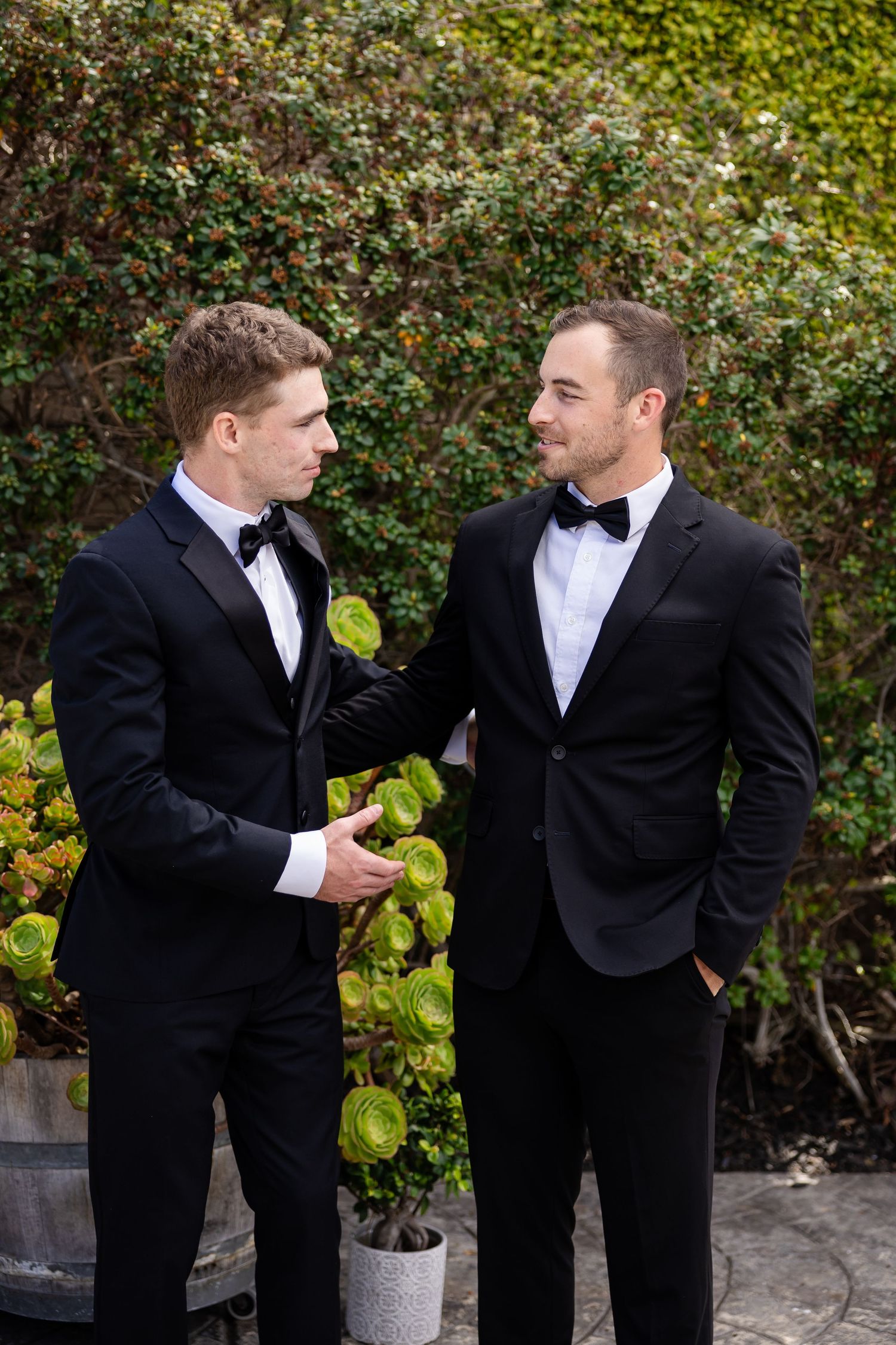 Two groomsmen in black tuxedos with bow ties share a moment outdoors amid lush green hedges.