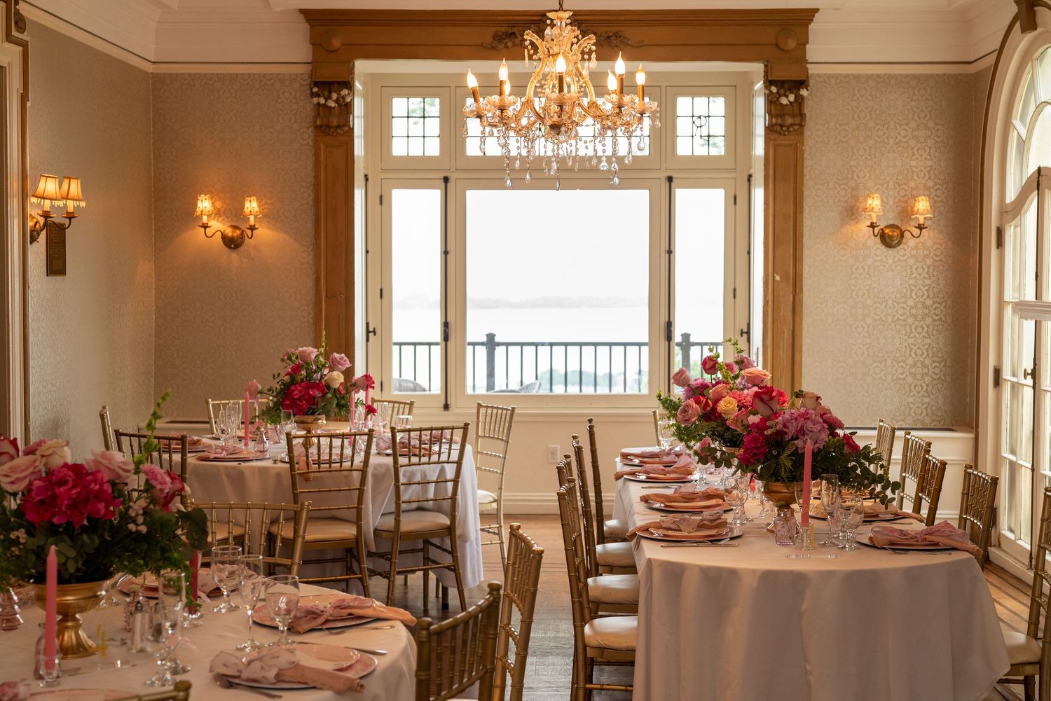 Elegant banquet hall decorated for formal event