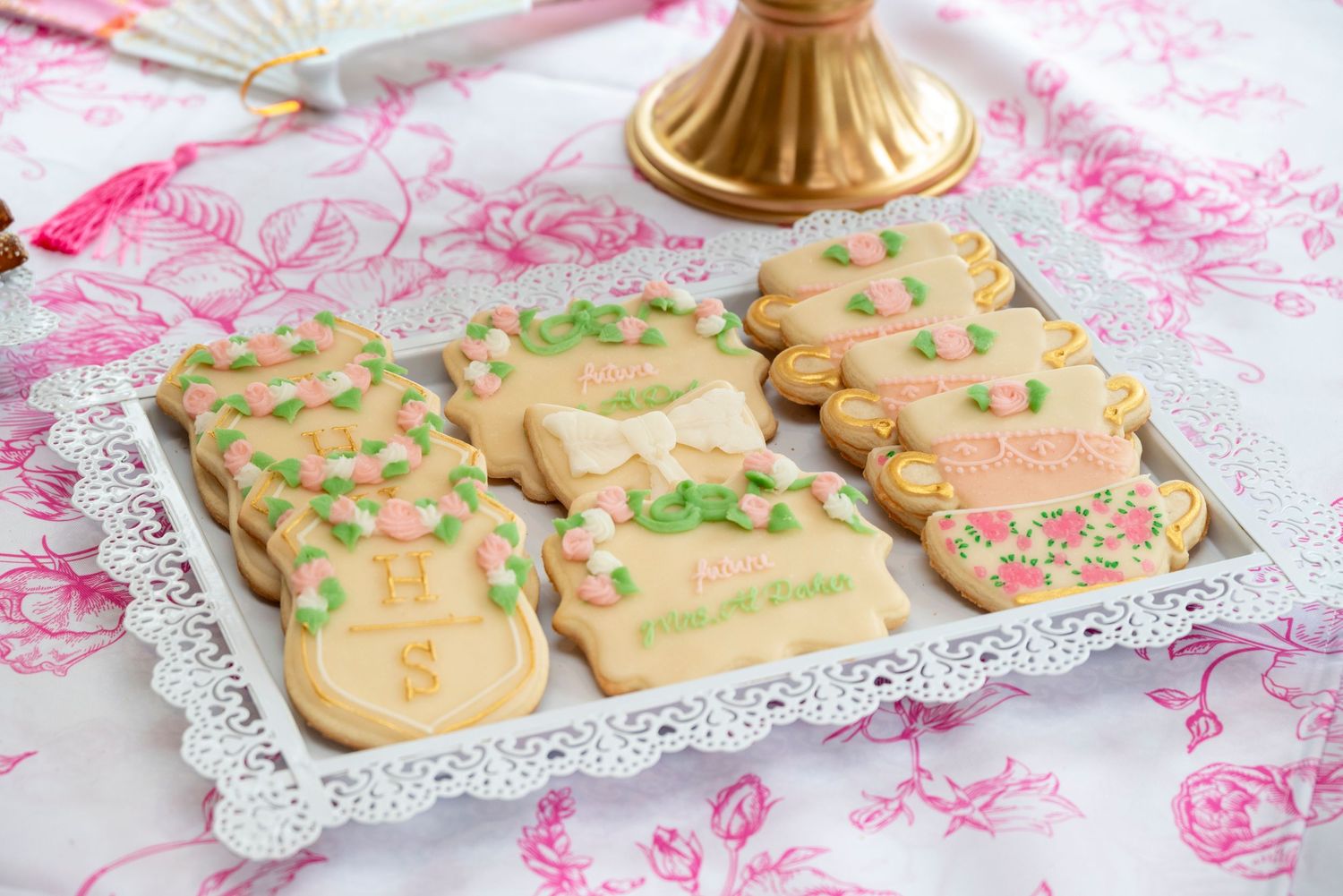 Decorated bridal shower cookies with monogram initials
