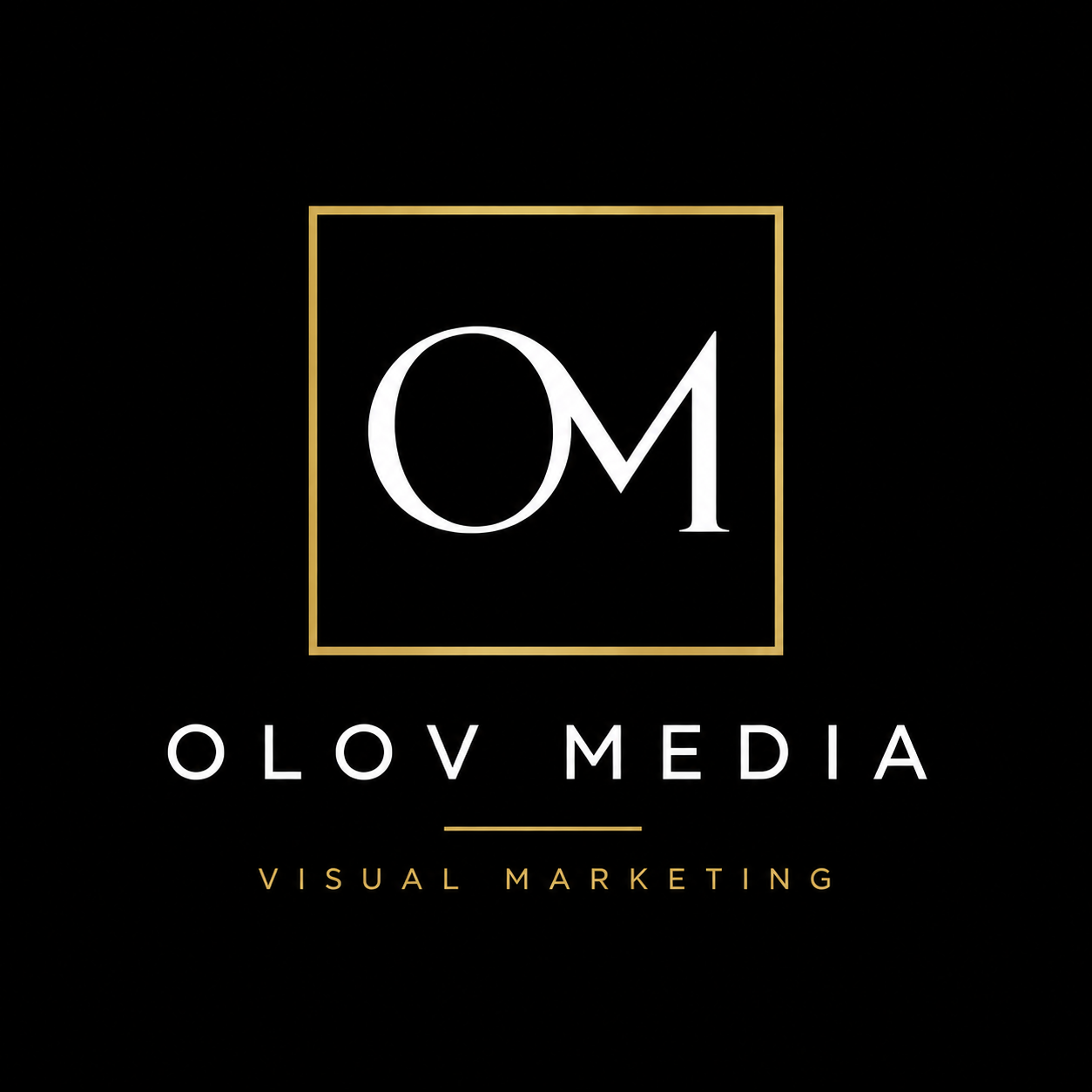 Olov Media Visual Marketing logo featuring gold-framed OM monogram in white on black background.