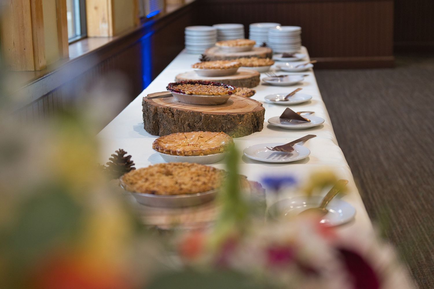 Dessert table with pies laid out