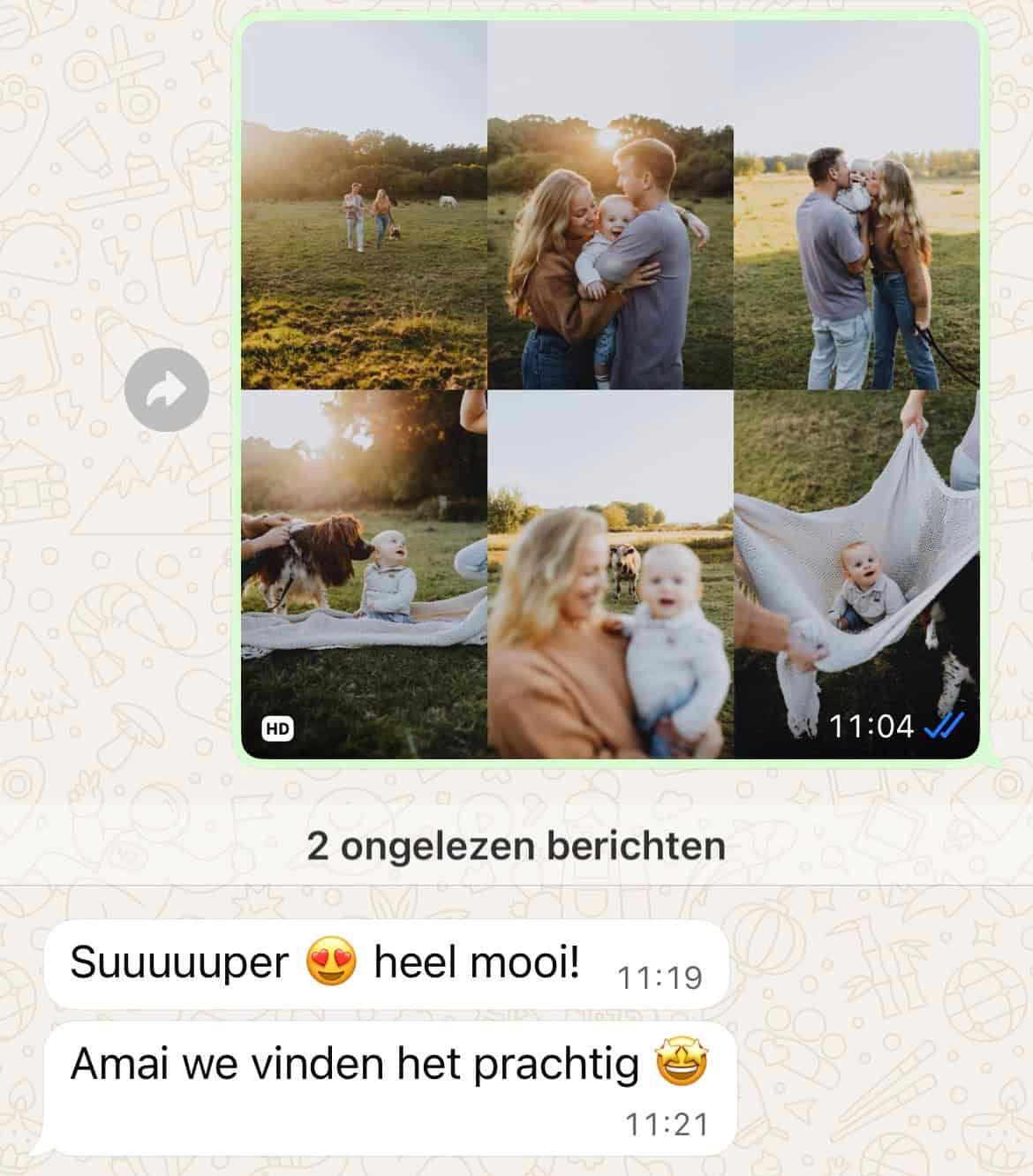 WhatsApp conversation showing family photo collage with Dutch messages expressing admiration for beautiful photos.
