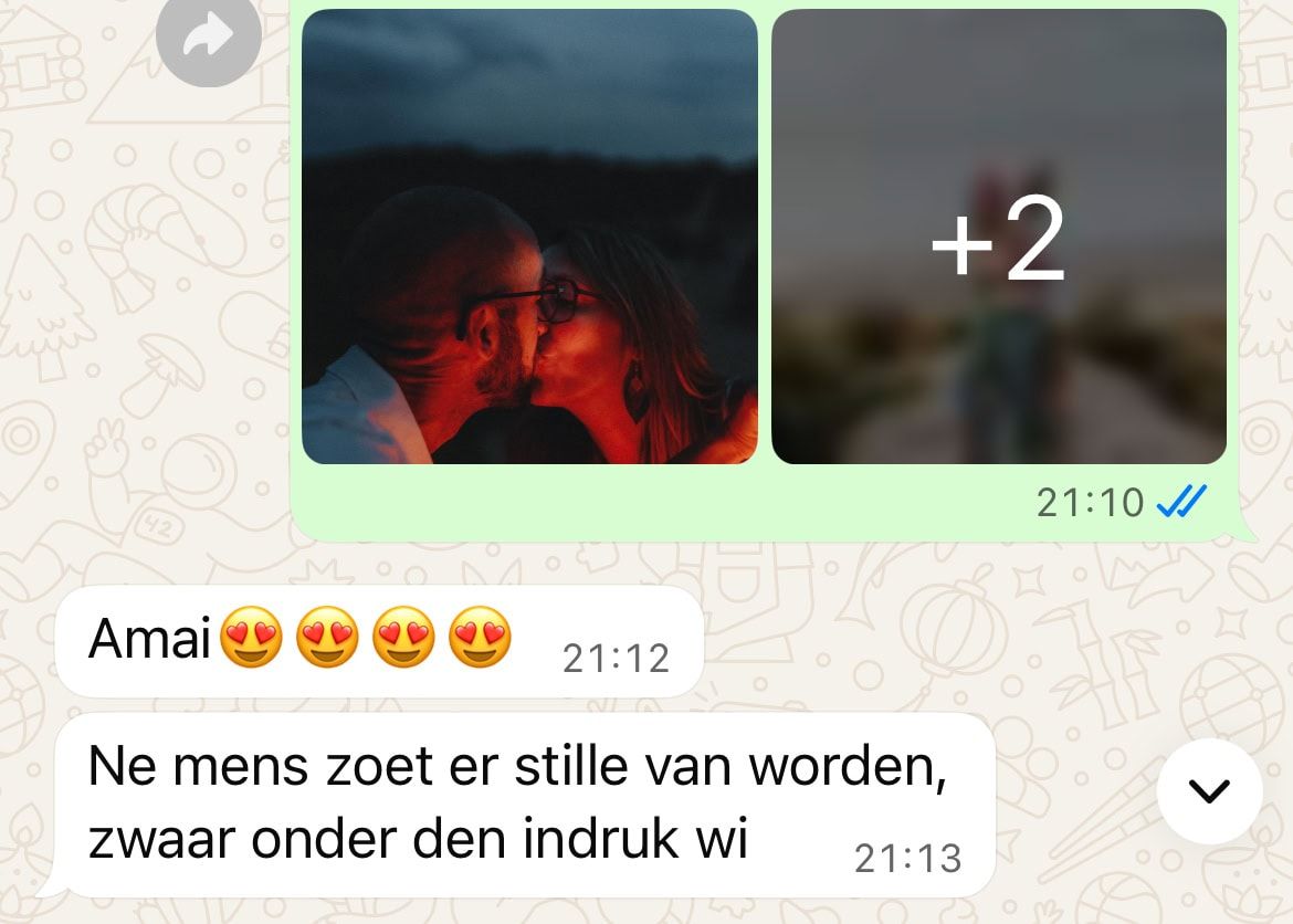 WhatsApp chat showing romantic couple photos with Dutch messages expressing being deeply moved and impressed.