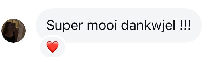 Dutch social media comment saying super mooi dankjewel with red heart emoji praising beautiful photography.