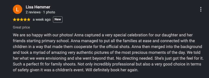 Five-star Google review praising photographer Anna for capturing special family moments at a child's first day of school.