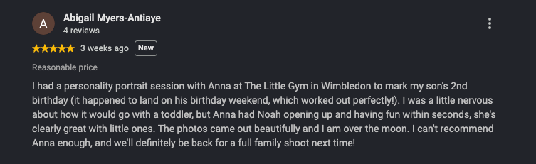 Five-star Google review praising a family photography session at The Little Gym in Wimbledon for a child's 2nd birthday.