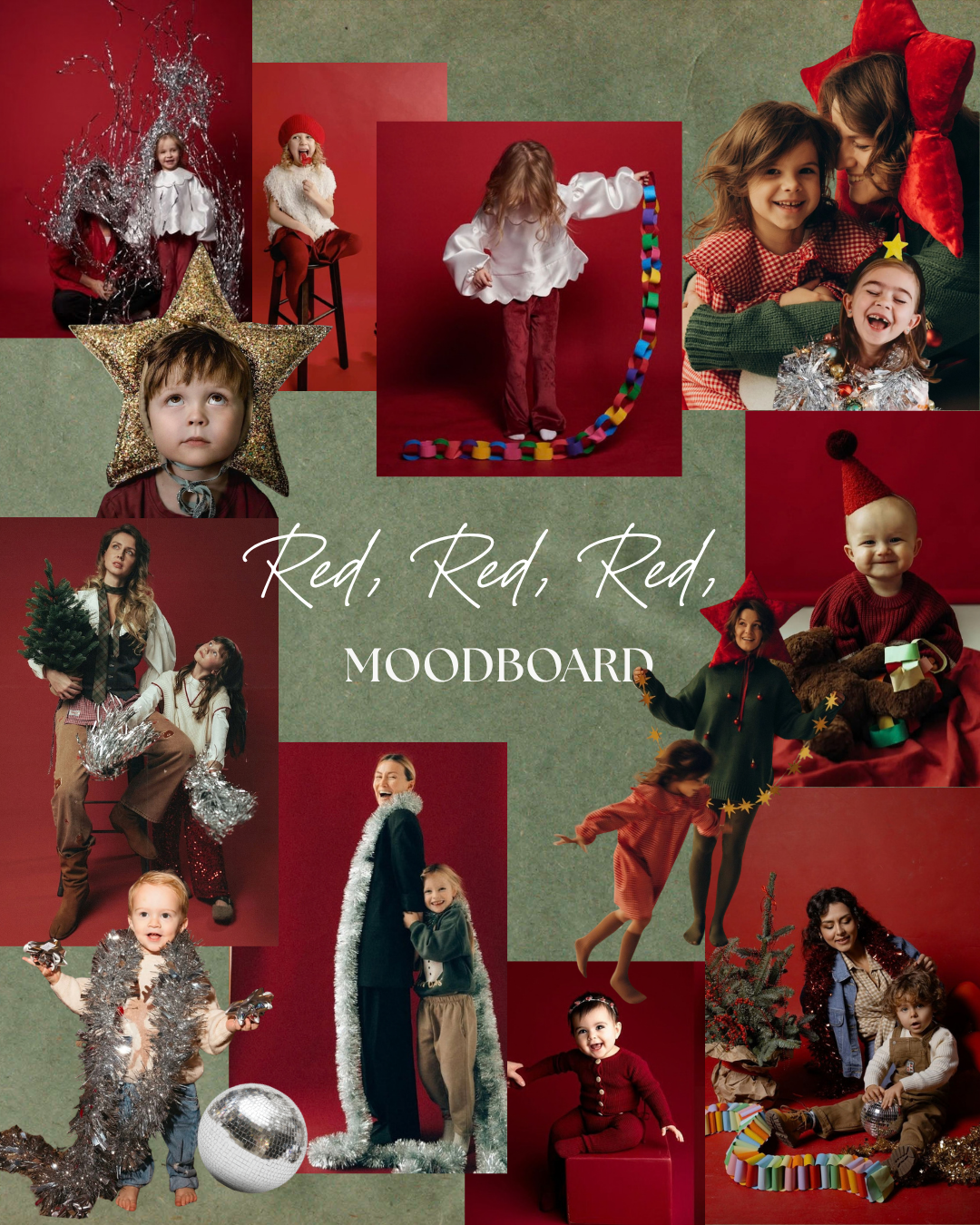 Red Red Red Christmas moodboard collage featuring children in festive holiday outfits posing with decorations.