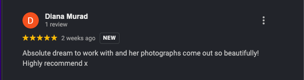 Five-star Google review praising a photographer's beautiful work, highly recommended by satisfied client Diana Murad.