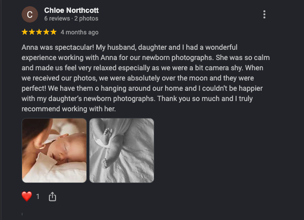 5-star Google review praising Anna's newborn photography services, highlighting calm professionalism and beautiful results.