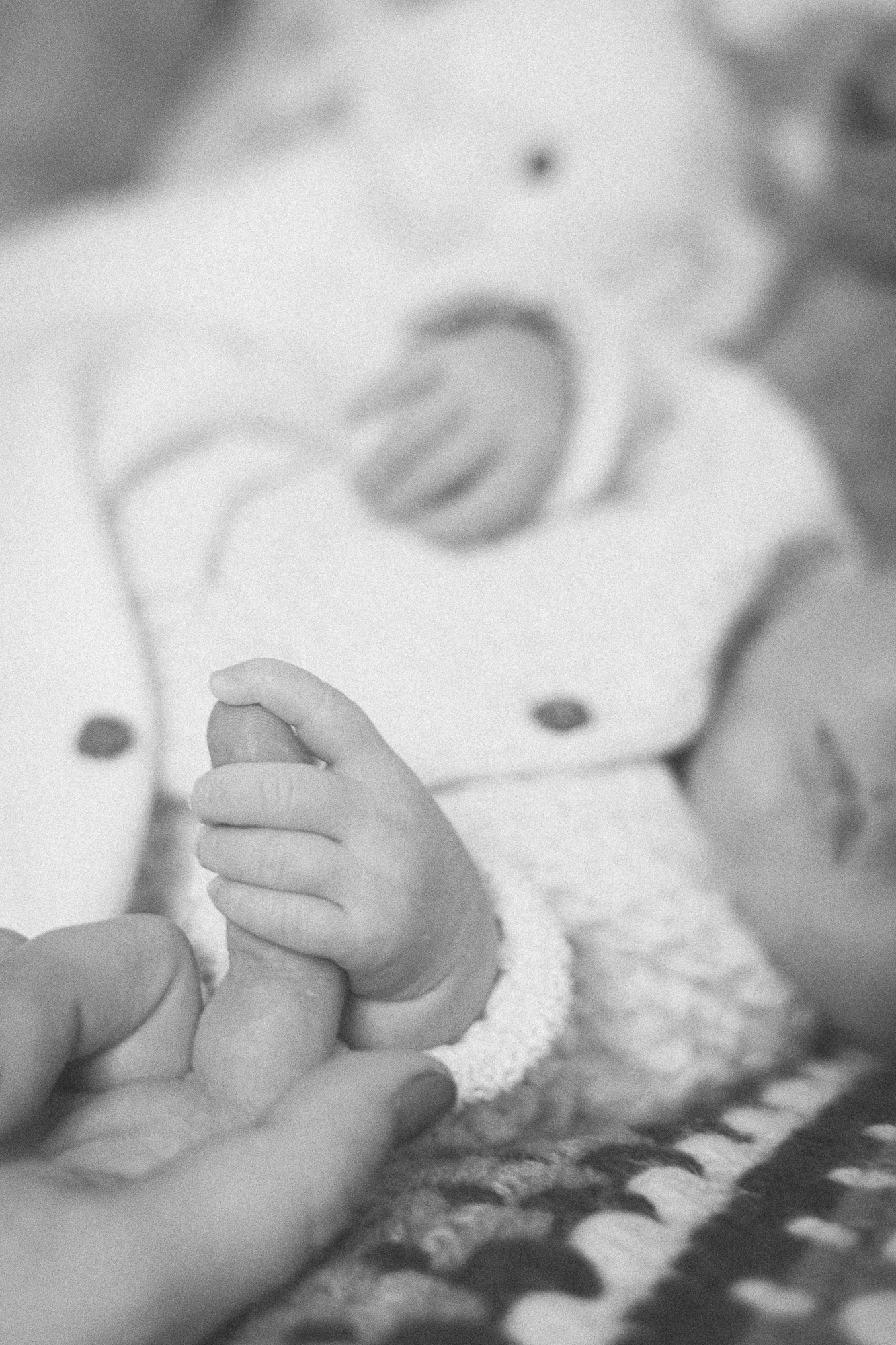 Black and white close-up shots of tiny infant hands and fingers.