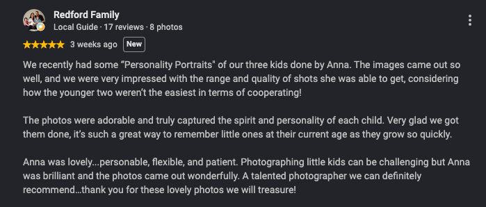 A five-star Google review from Redford Family praising Anna's personality portrait photography of their three children.