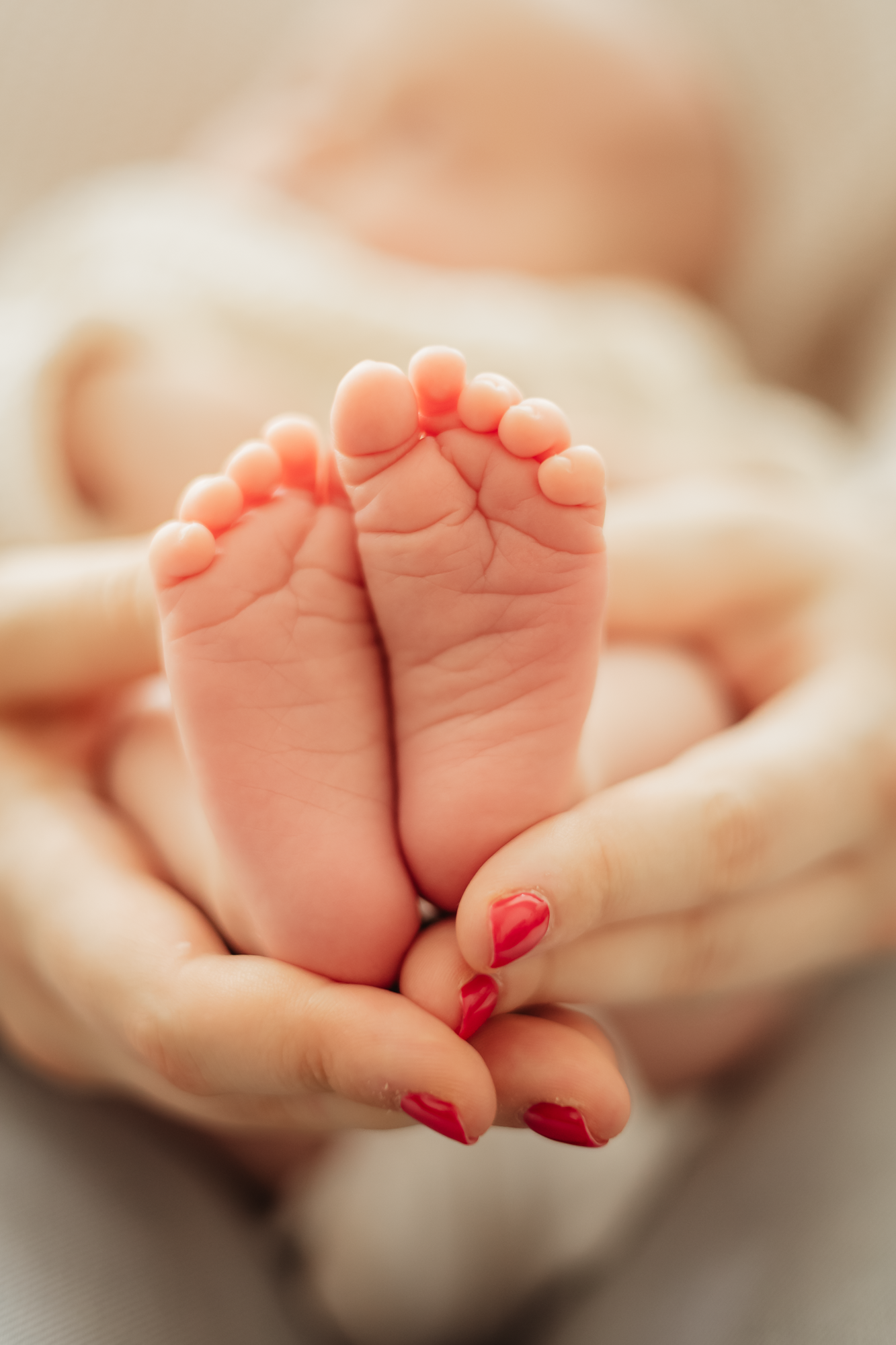 Close-up of tiny baby feet with red-painted nails holding them gently.