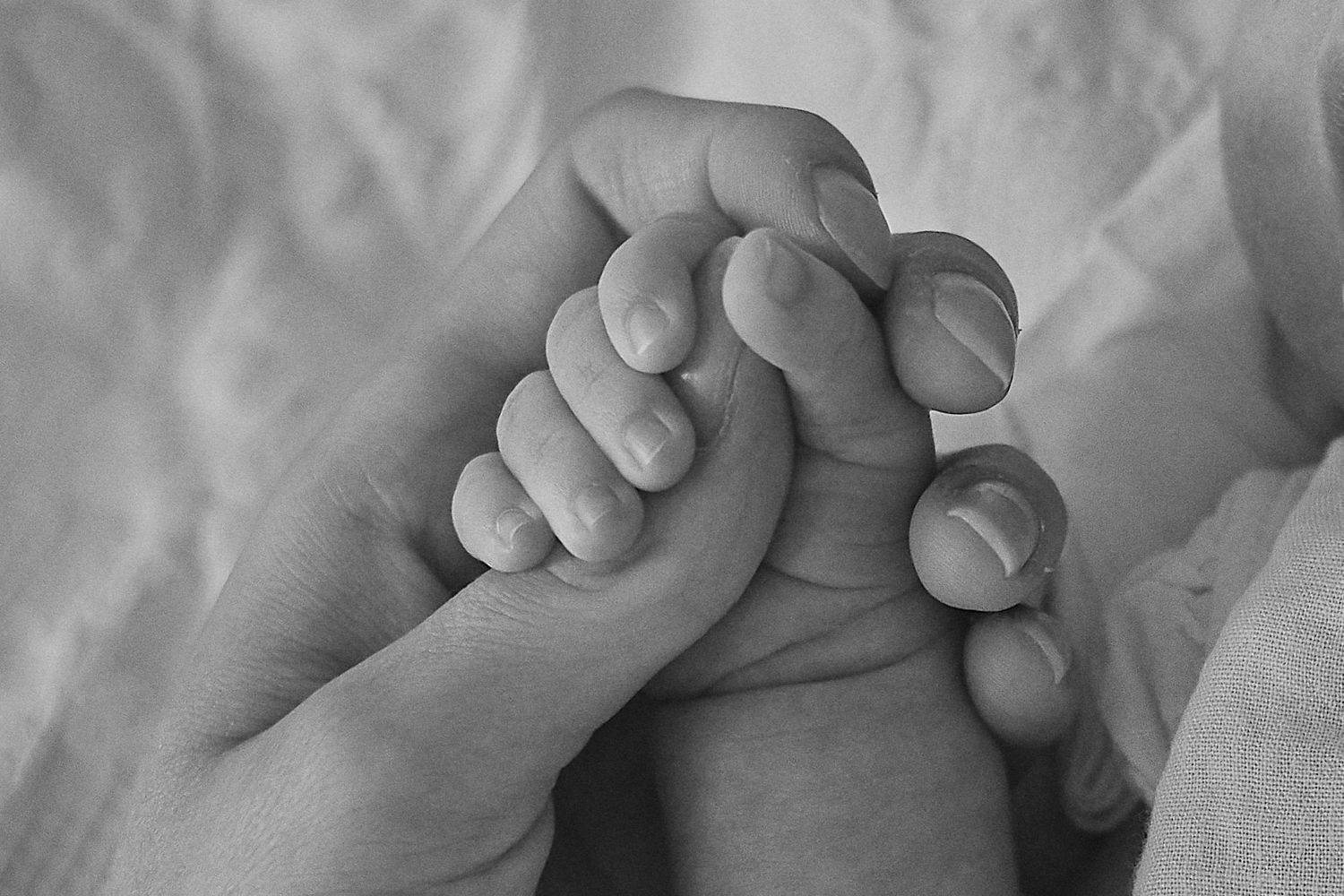 Black and white close-up of a newborn baby's tiny hand grasping an adult's finger tenderly.